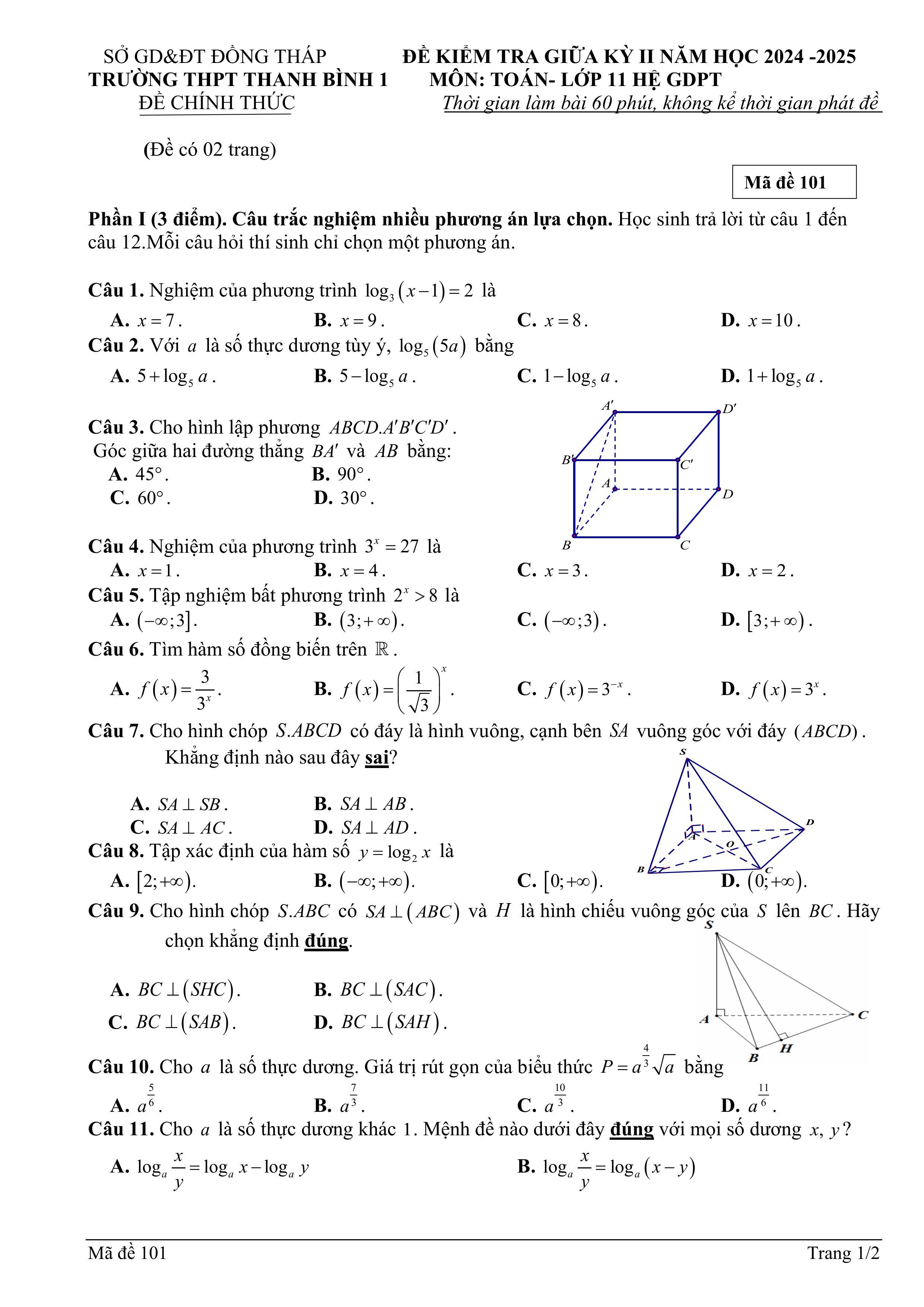 Đề thi Giữa kì 2 Toán 11 trường THPT Thanh Bình 1 (Đồng Tháp) năm 2024–2025