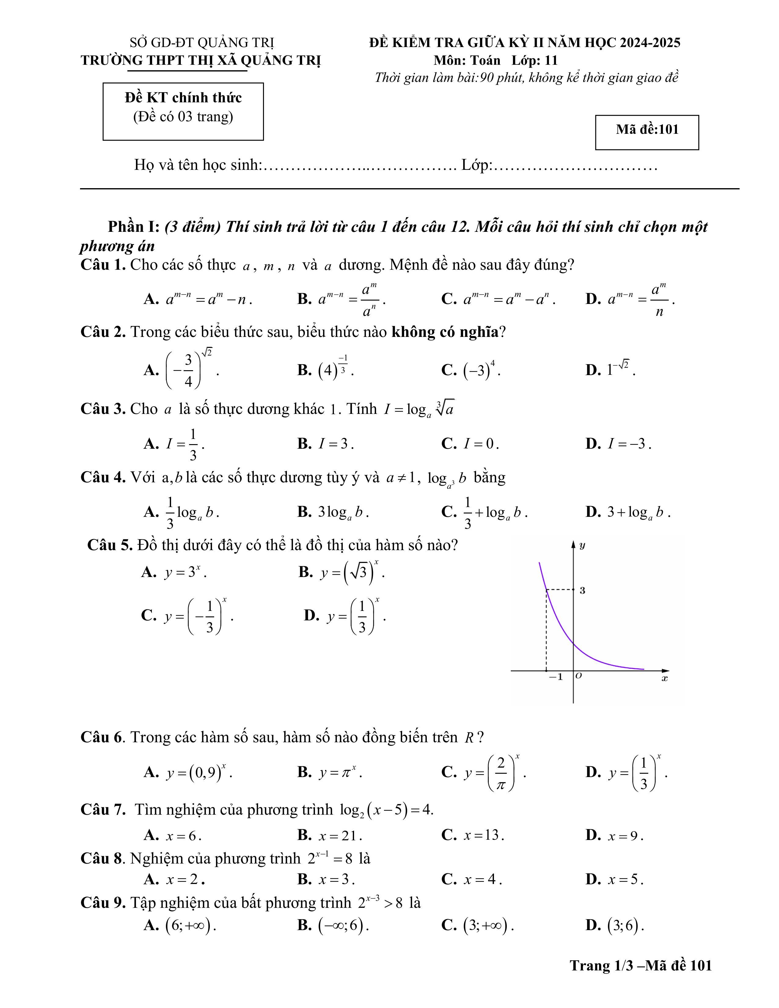 Đề thi Giữa kì 2 Toán 11 trường THPT Thị xã Quảng Trị (Quảng Trị) năm 2024–2025