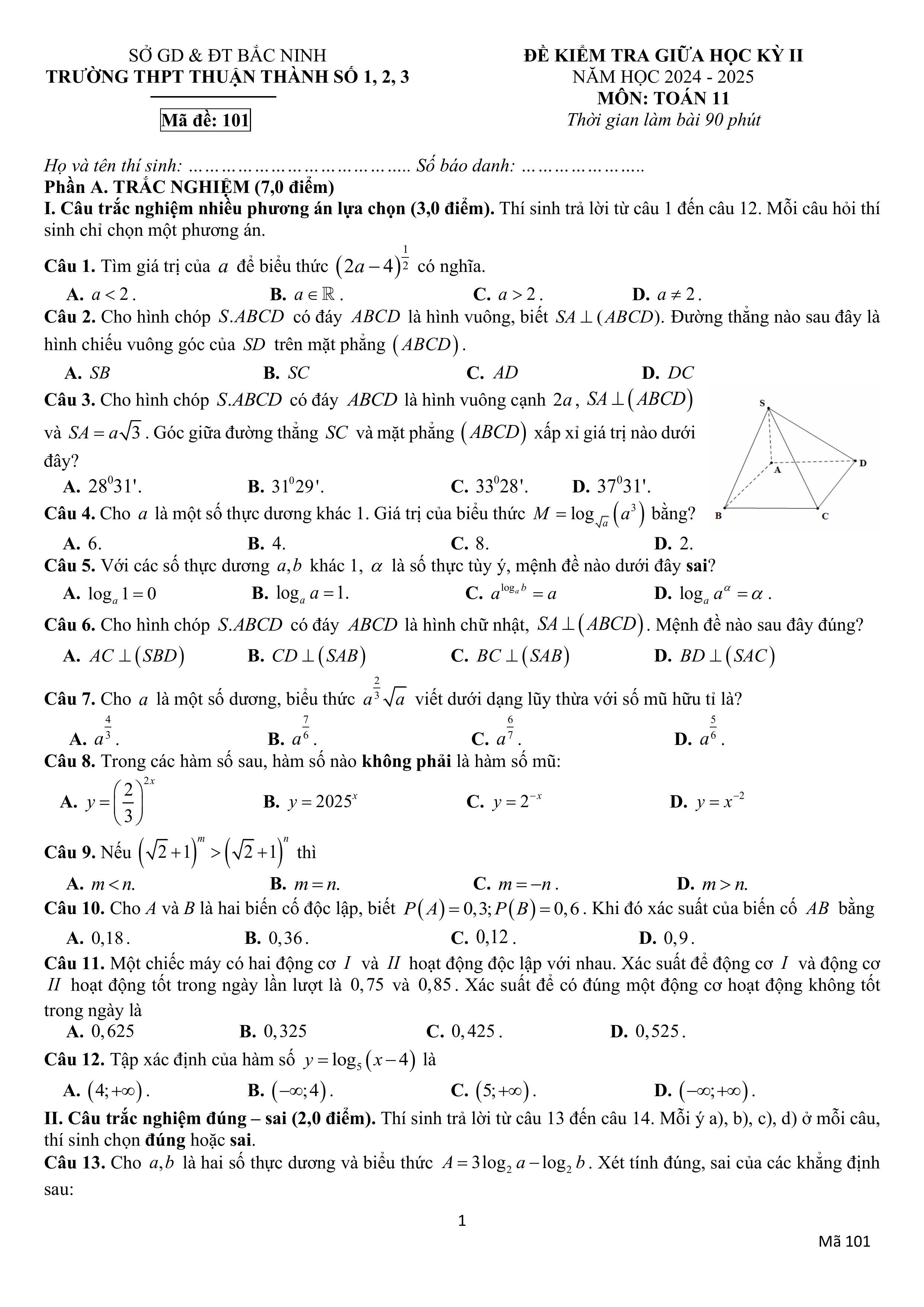 Đề thi Giữa kì 2 Toán 11 trường THPT Thuận Thành số 1,2,3 (Bắc Ninh) năm 2024–2025