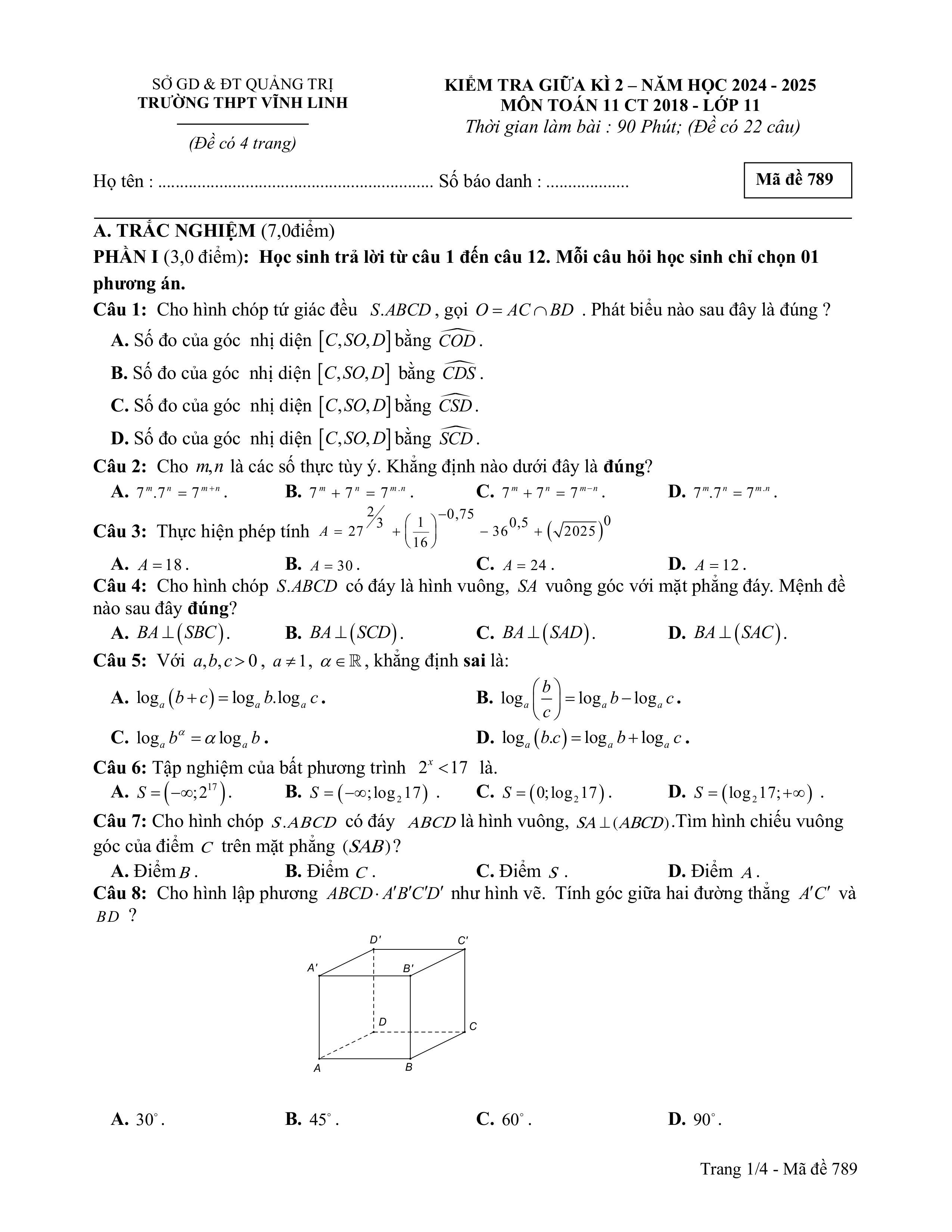 Đề thi Giữa kì 2 Toán 11 trường THPT Vĩnh Linh (Quảng Trị) năm 2024–2025