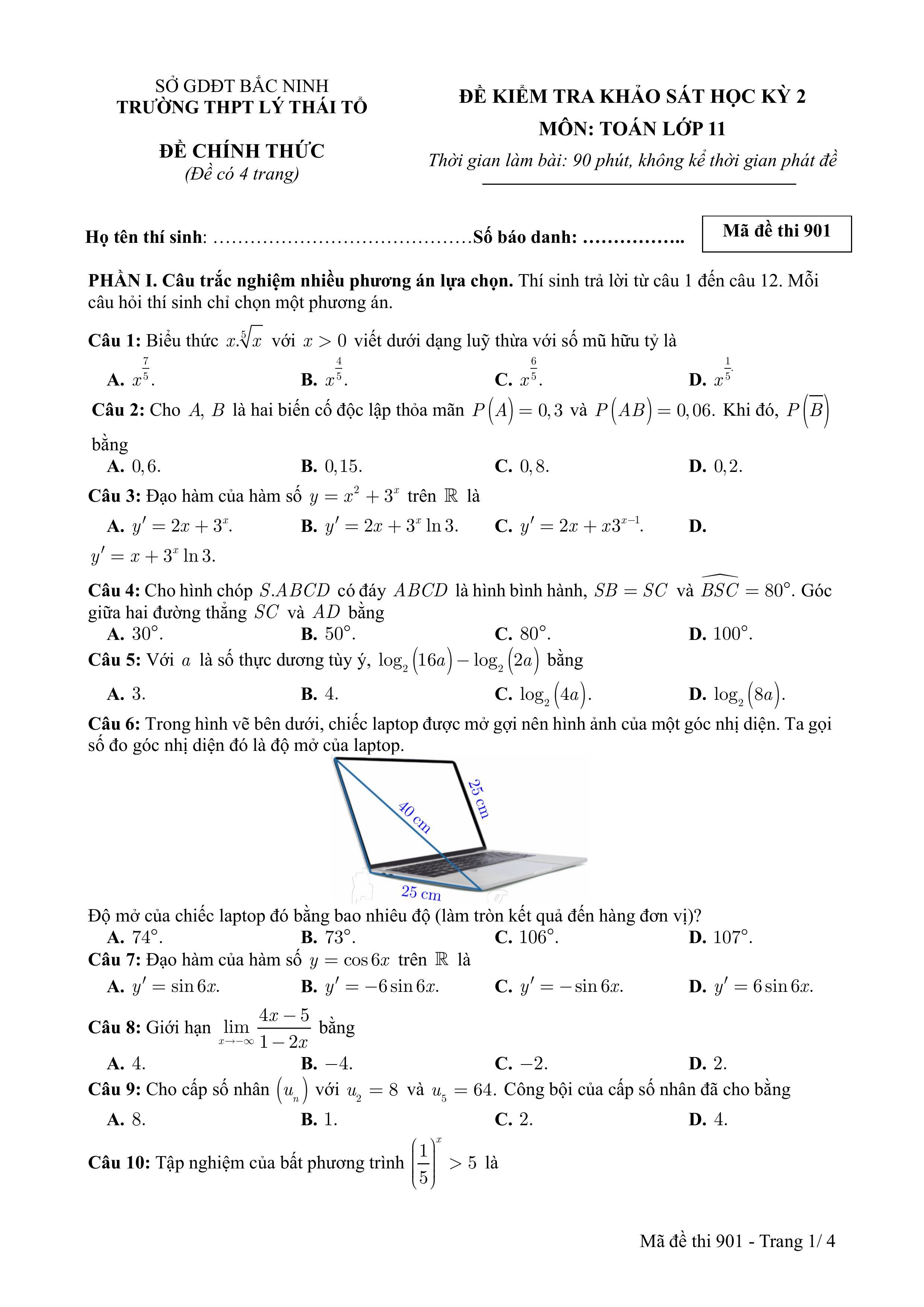 Đề thi Học kì 2 Toán 11 trường THPT Lý Thái Tổ (Bắc Ninh) năm 2024–2025