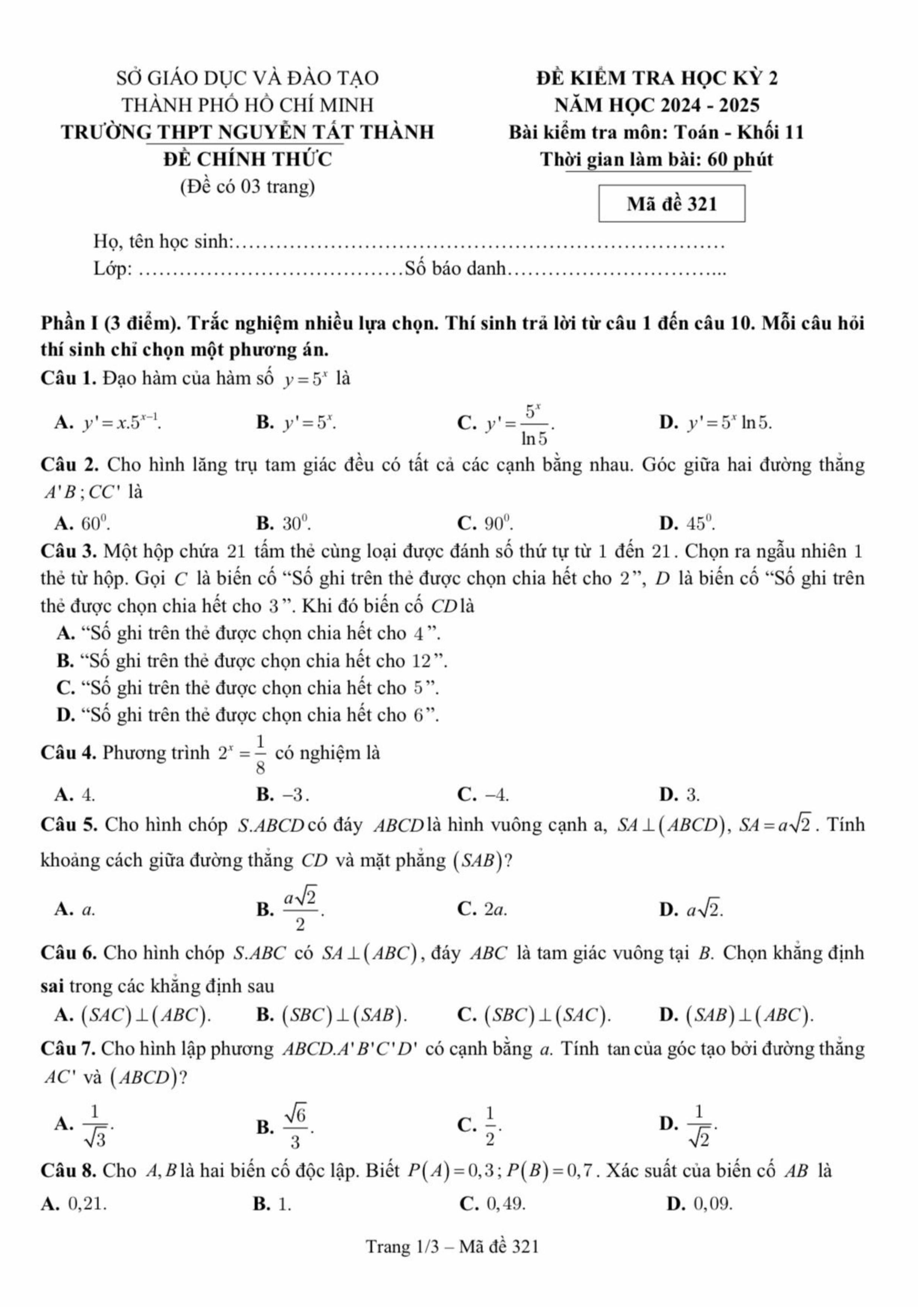 Đề thi Học kì 2 Toán 11 trường THPT Nguyễn Tất Thành (Hồ Chí Minh) năm 2024–2025