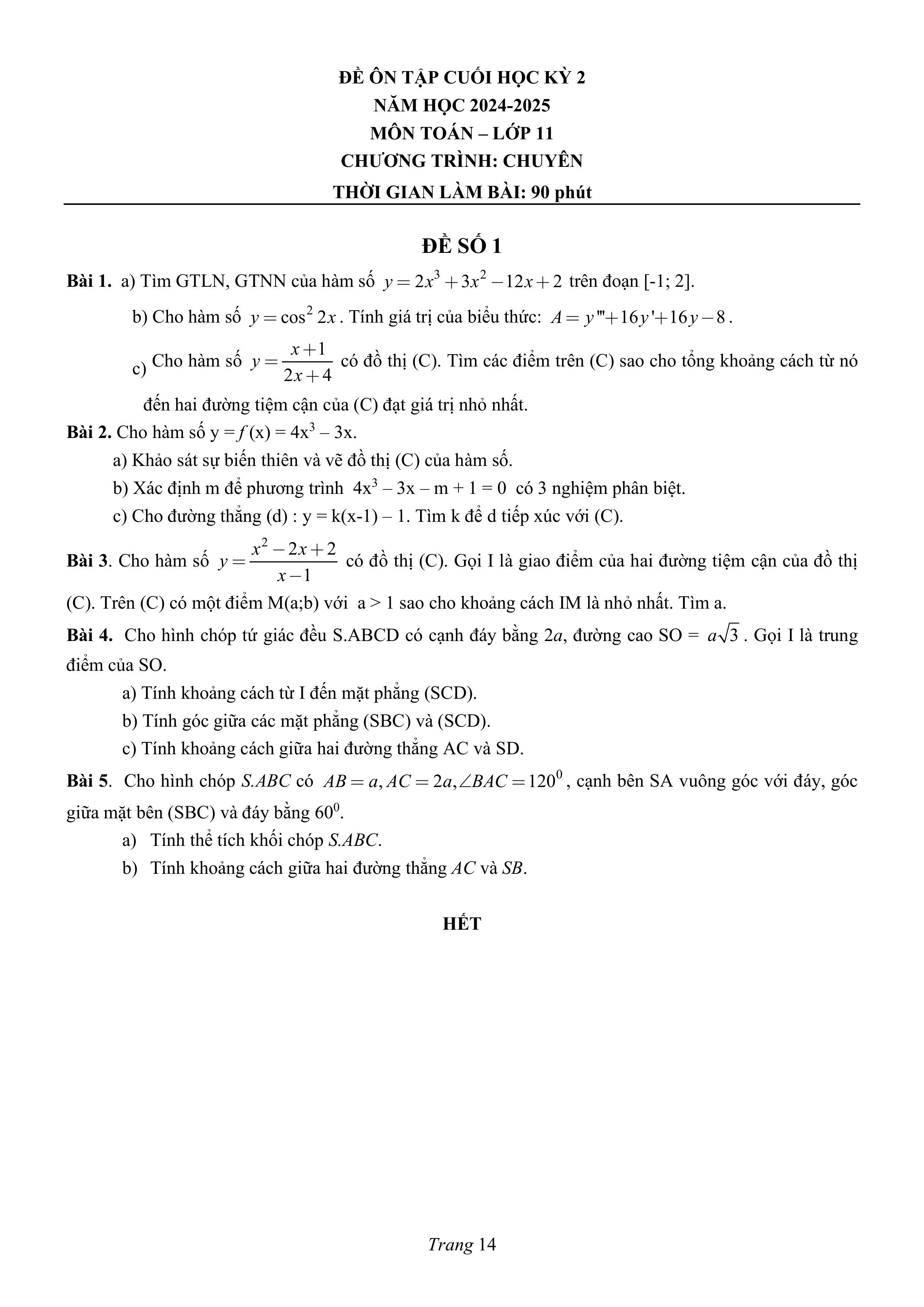 Đề thi Học kì 2 Toán 11 trường THPT chuyên Lương Văn Chánh (Phú Yên) năm 2024–2025