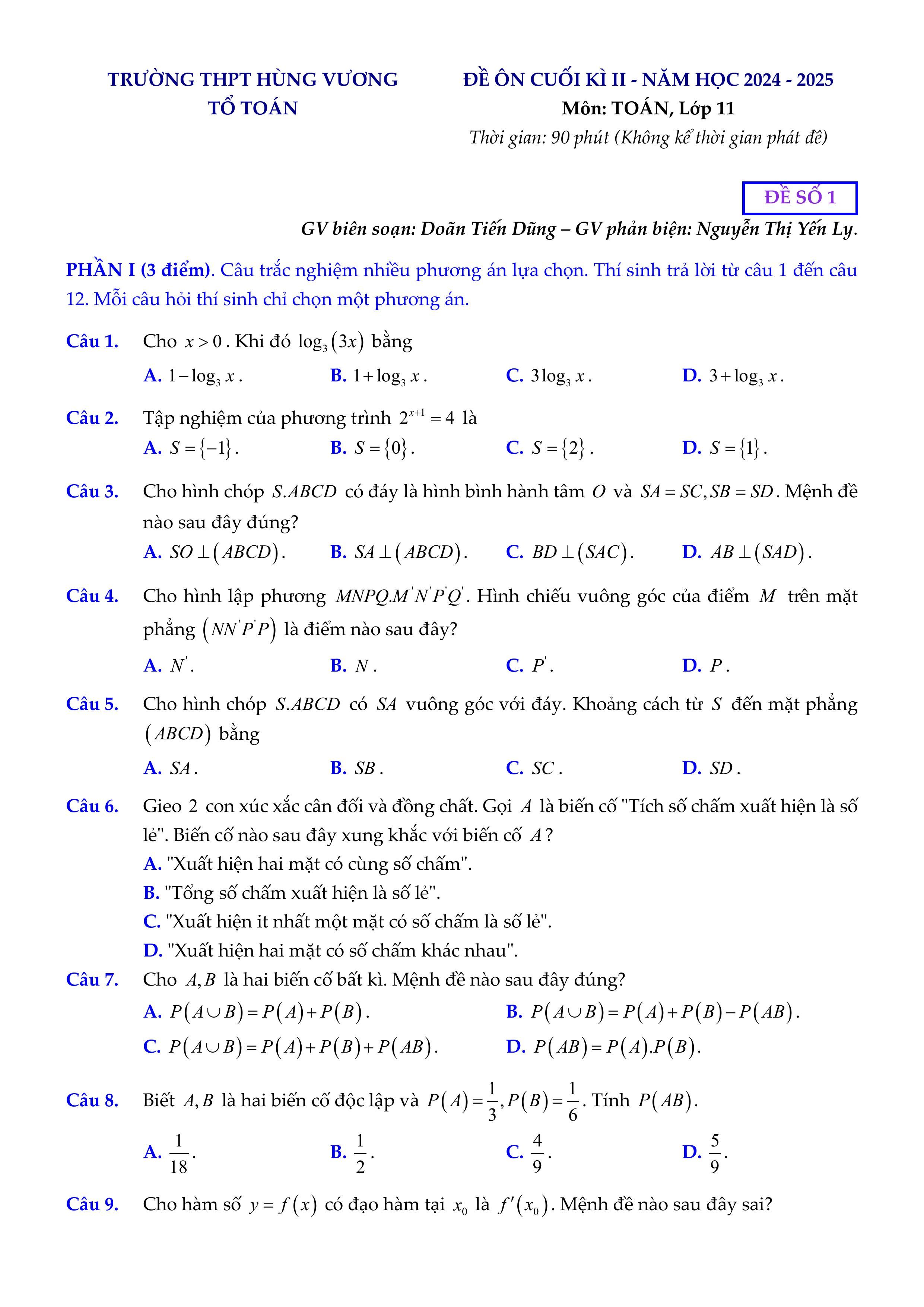 Đề thi Học kì 2 Toán 11 trường THPT Hùng Vương (Bình Phước) năm 2024–2025