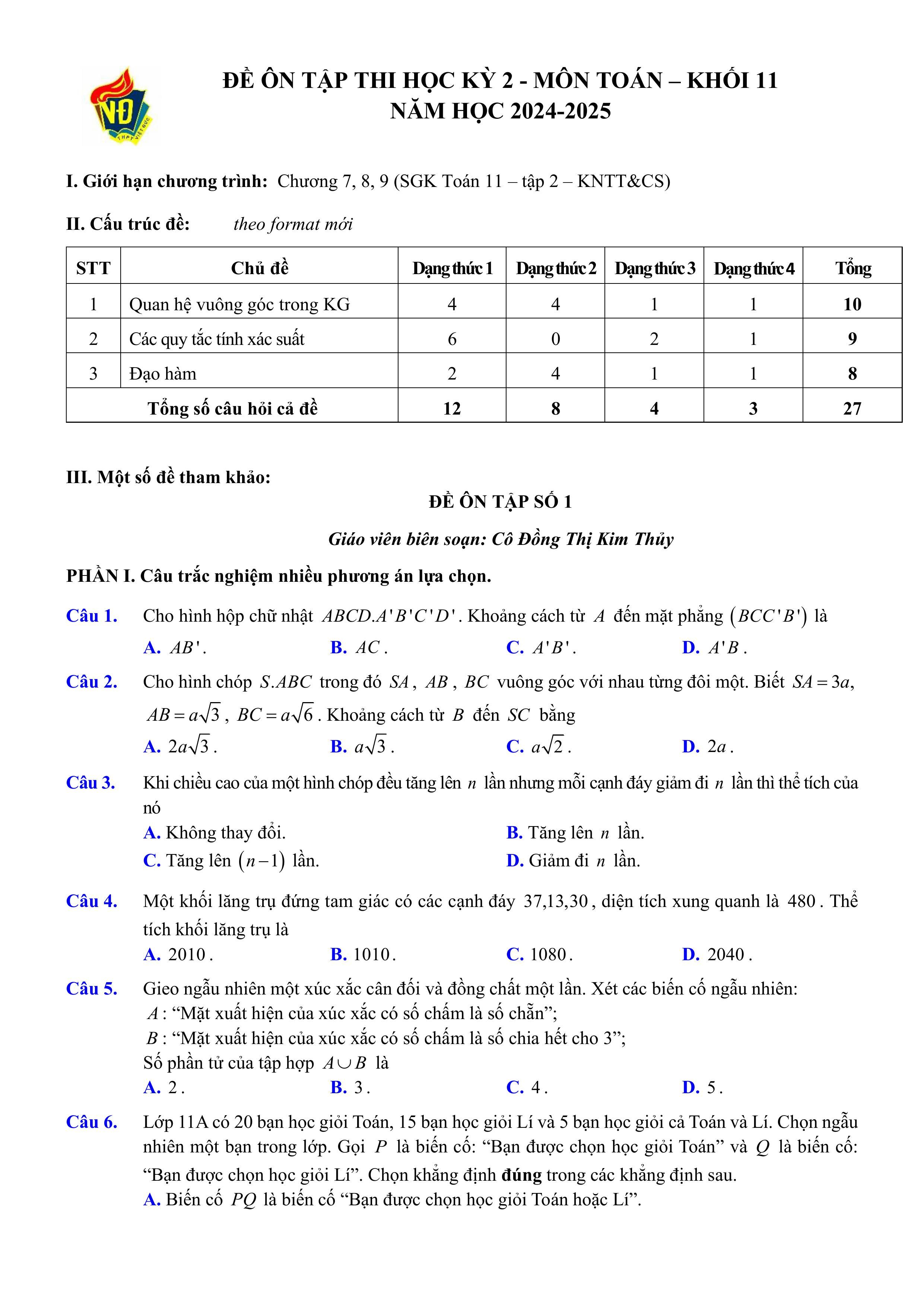 Đề thi Học kì 2 Toán 11 trường THPT Việt Đức (Hà Nội) năm 2024–2025