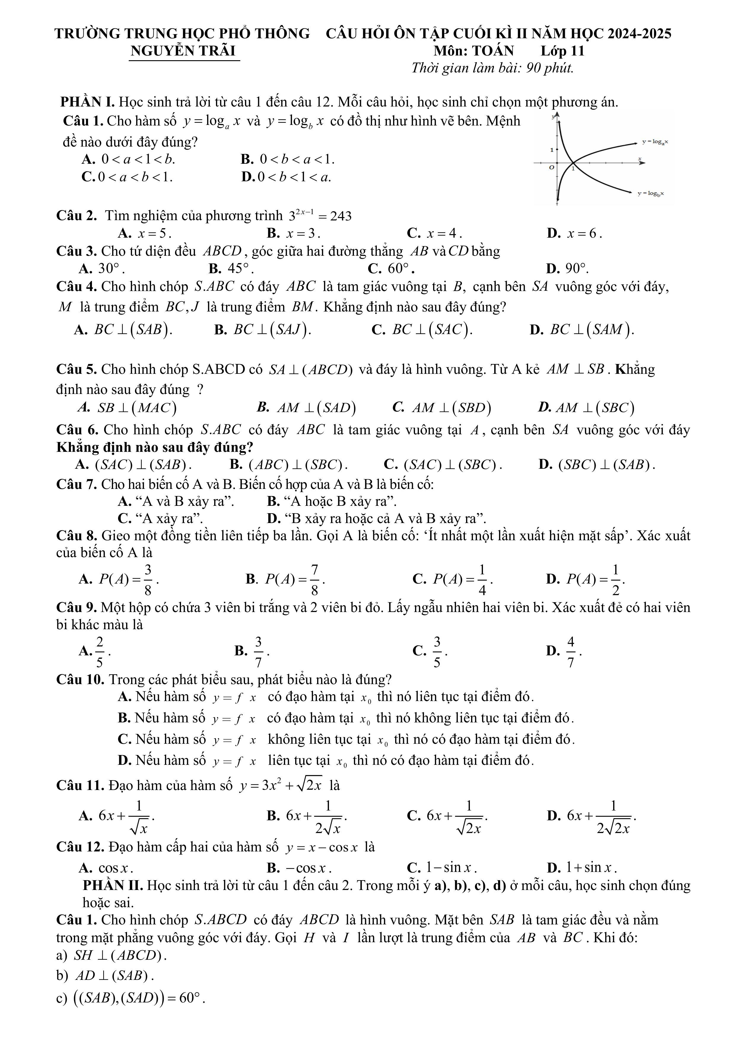 Đề thi Học kì 2 Toán 11 trường THPT Nguyễn Trãi (Đà Nẵng) năm 2024–2025