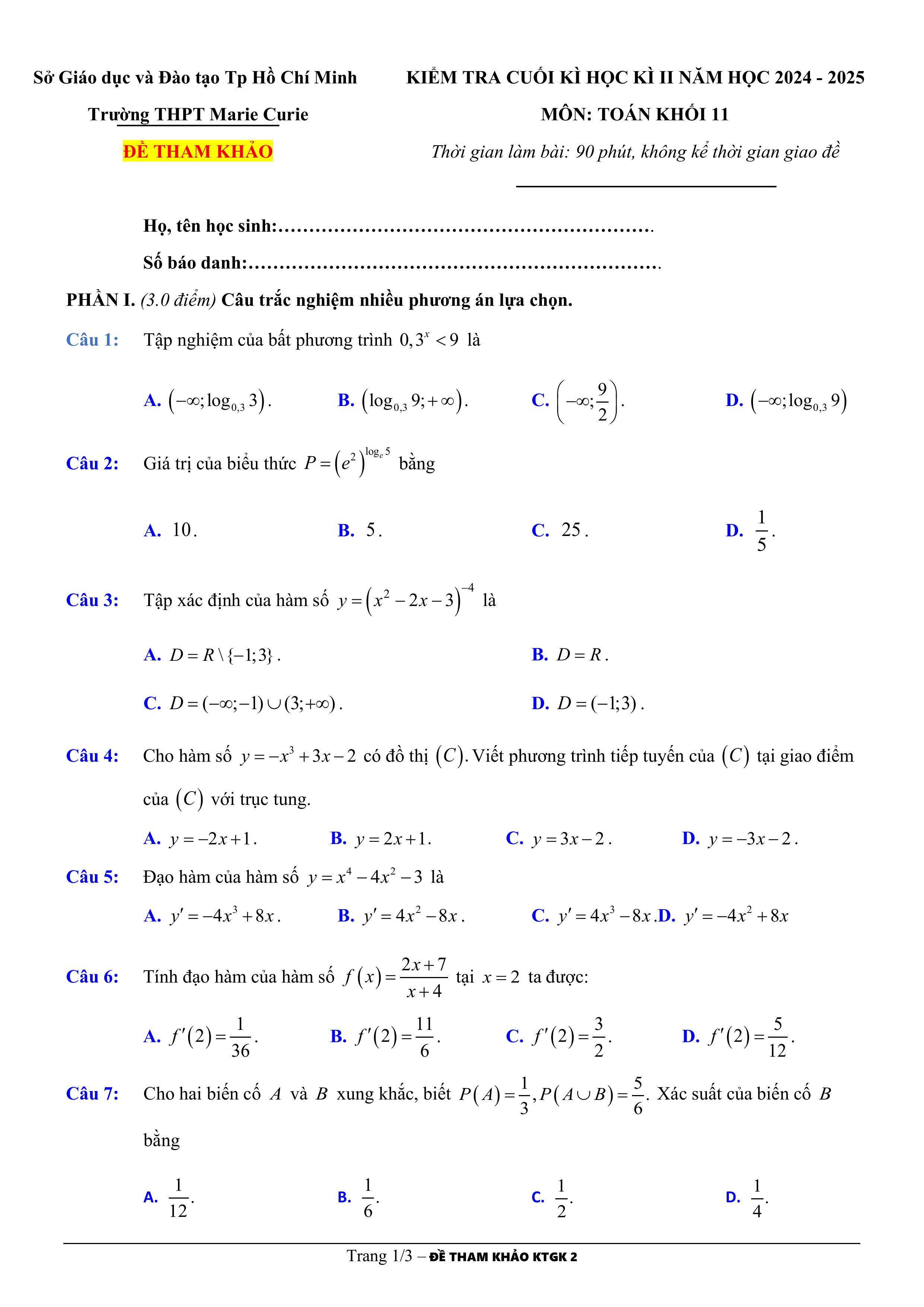 Đề thi Học kì 2 Toán 11 trường THPT Marie Curie (Hồ Chí Minh) năm 2024–2025