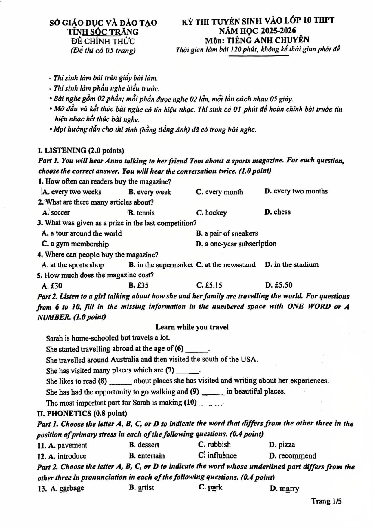 Đề thi vào 10 chuyên anh Sở GD ĐT Sóc Trăng năm 2025 có đáp án