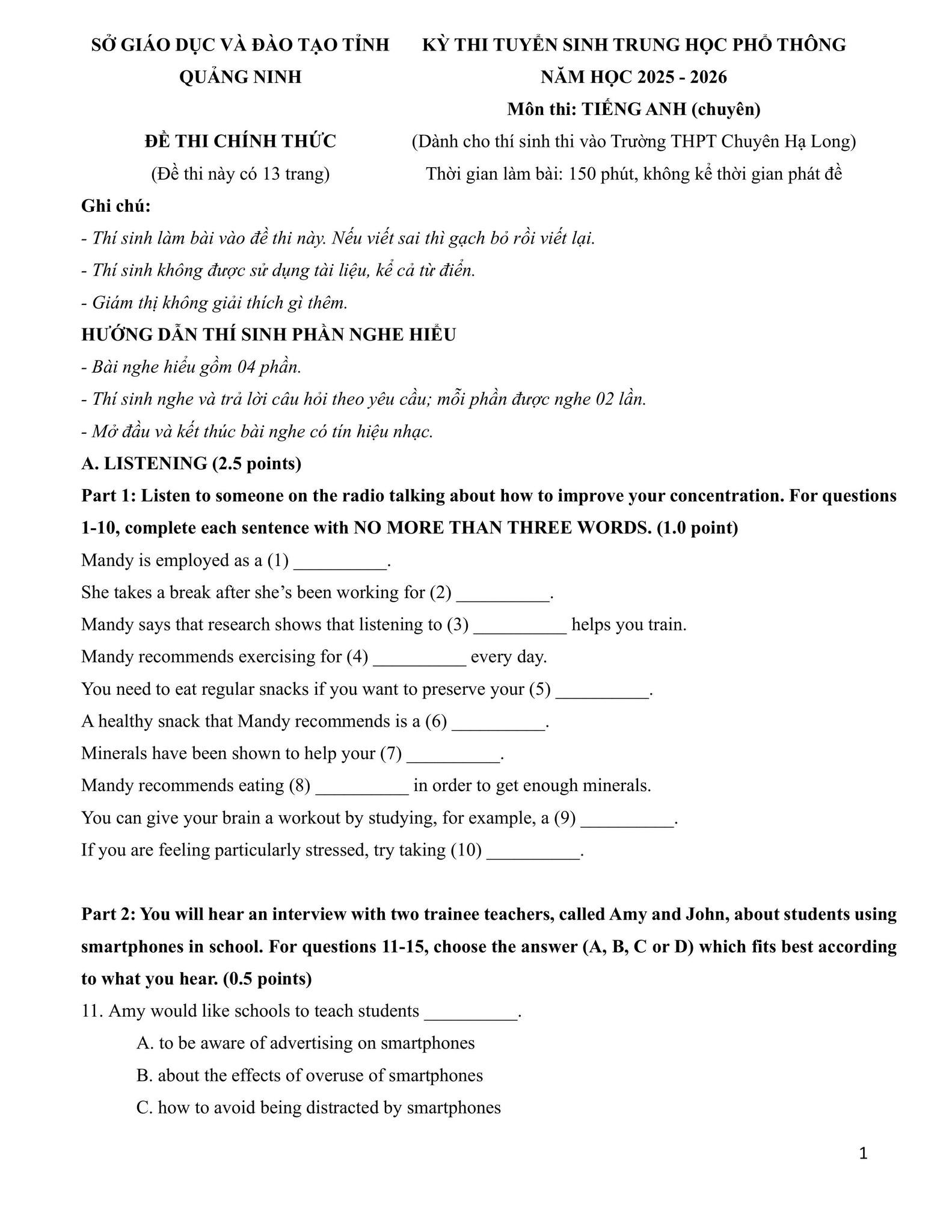 Đề thi vào 10 chuyên anh Sở GD ĐT Quảng Ninh năm 2025 có đáp án