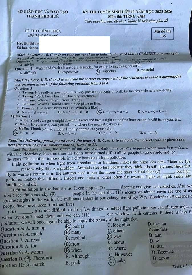 Đề thi chính thức vào 10 môn anh Thừa Thiên Huế năm 2025 có đáp án