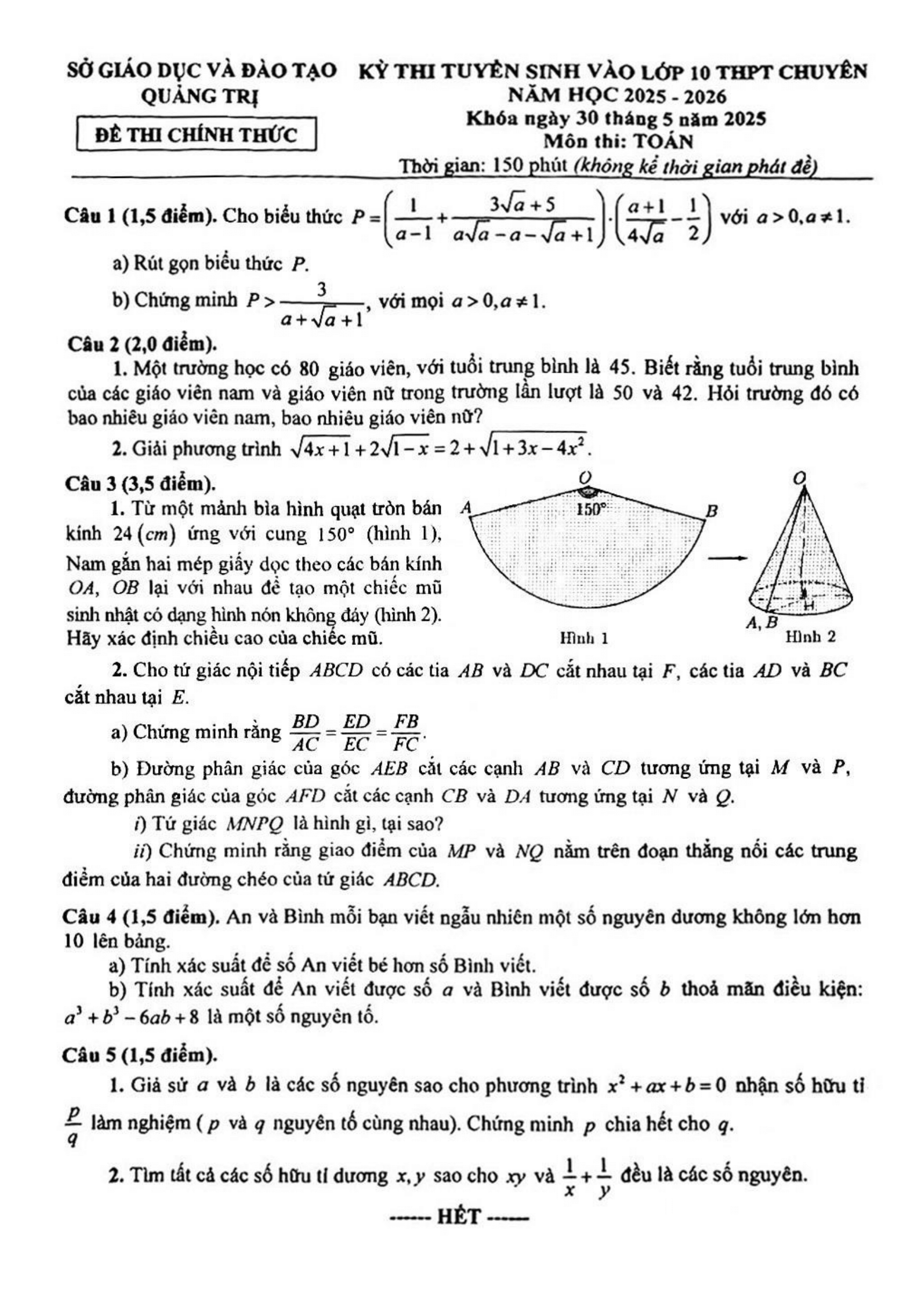 Đề thi vào 10 chuyên toán Sở GD ĐT Quảng Trị năm 2025 có đáp án