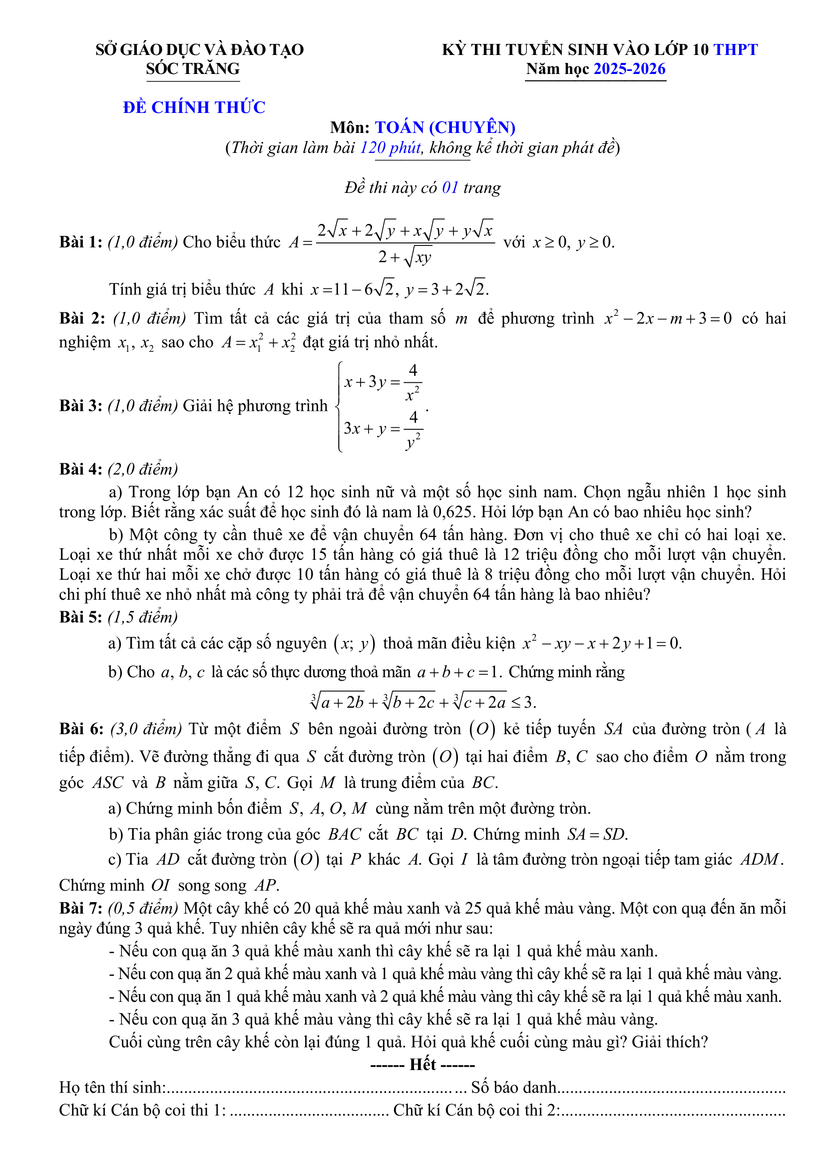 Đề thi vào 10 chuyên toán Sở GD ĐT Sóc Trăng năm 2025 có đáp án
