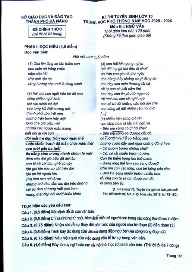 Đề thi chính thức vào 10 môn văn thành phố Đà Nẵng năm 2025 có đáp án
