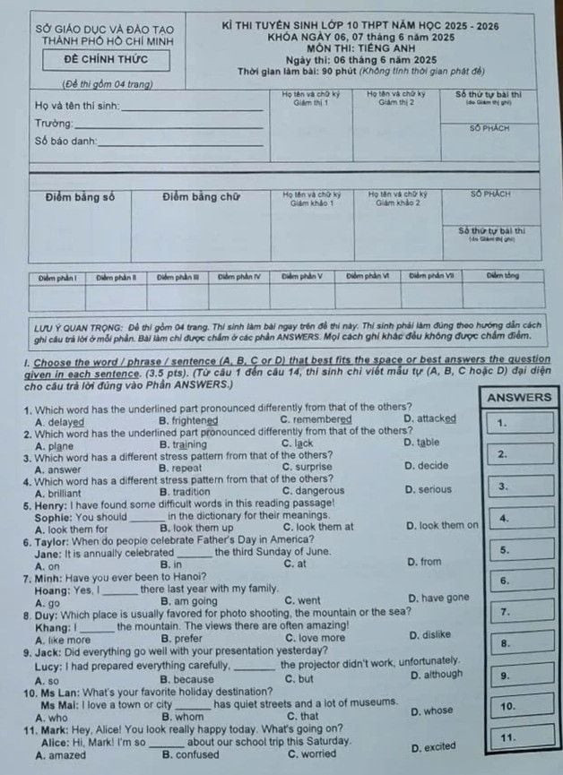 Đề thi chính thức vào 10 môn anh thành phố Hồ Chí Minh năm 2025 có đáp án