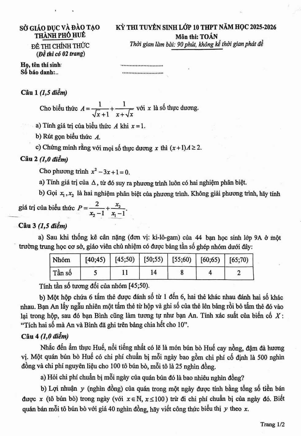 Đề thi chính thức vào 10 môn toán Thừa Thiên Huế năm 2025 có đáp án