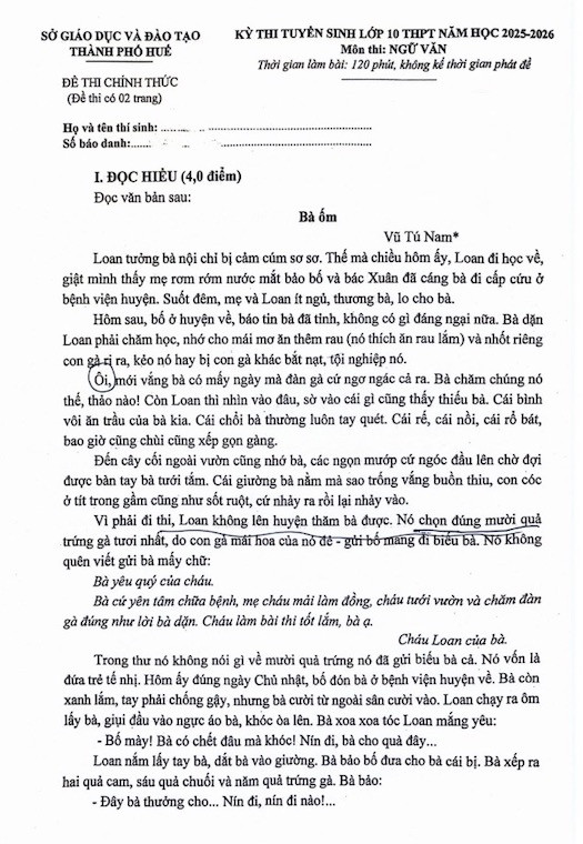Đề thi chính thức vào 10 môn văn Thừa Thiên Huế năm 2025 có đáp án