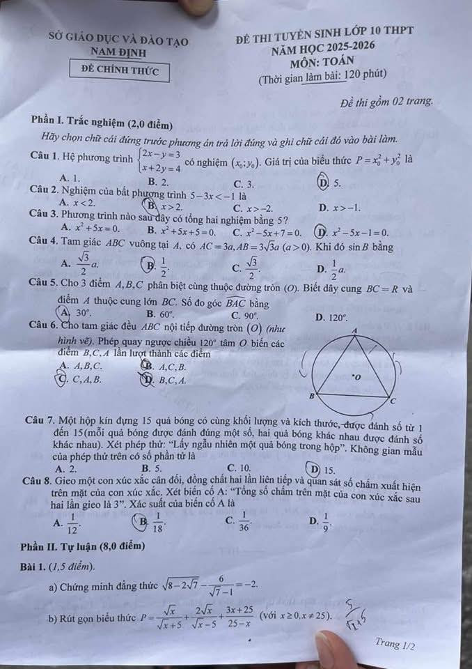 Đề thi chính thức vào 10 môn toán tỉnh Nam Định năm 2025 có đáp án