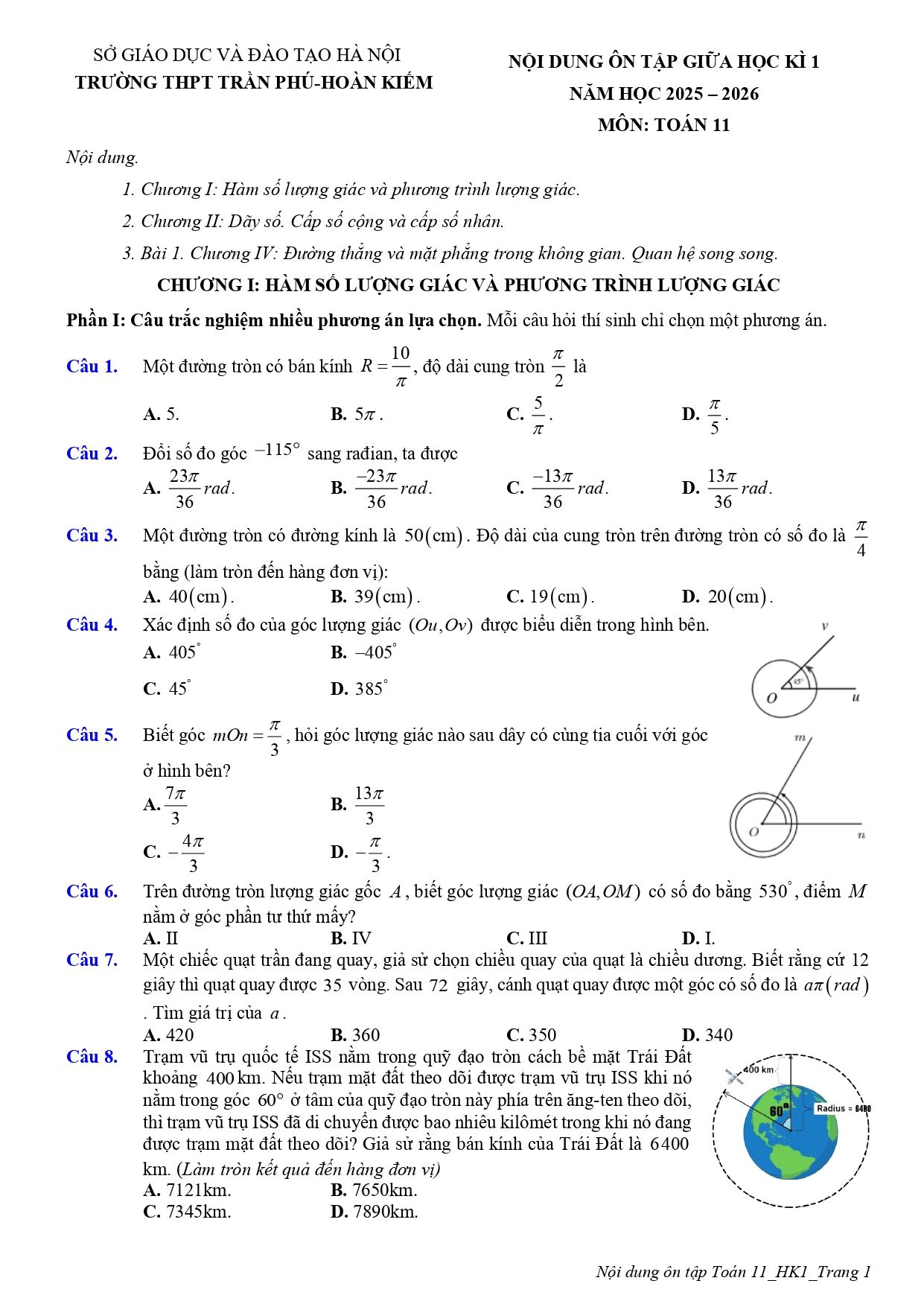 Đề cương ôn tập Giữa kì 1 Toán 11 THPT Trần Phú (Hà Nội) năm 2025–2026