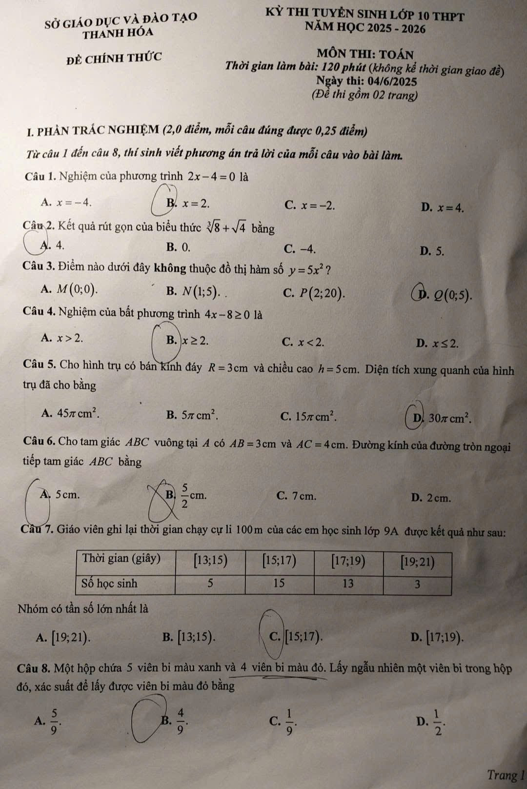Đề thi chính thức vào 10 môn toán tỉnh Thanh Hóa năm 2025 có đáp án