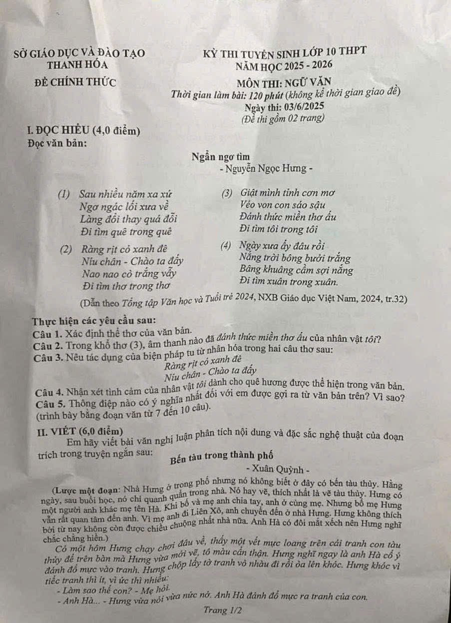 Đề thi chính thức vào 10 môn văn tỉnh Thanh Hóa năm 2025 có đáp án