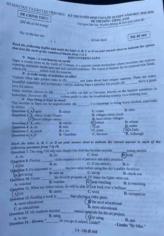 Đề thi chính thức vào 10 môn anh tỉnh Vĩnh Phúc năm 2025 có đáp án