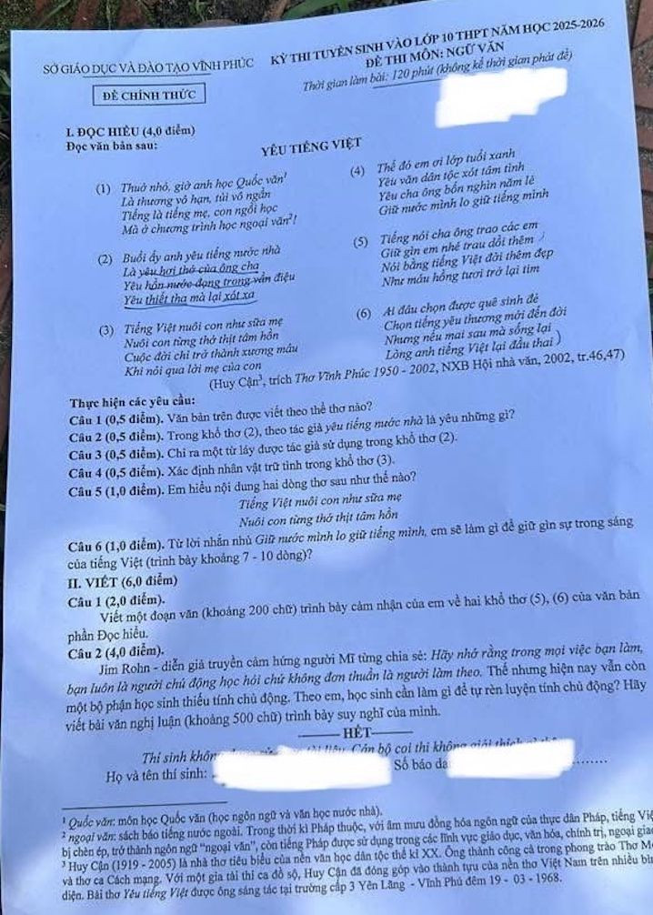 Đề thi chính thức vào 10 môn văn tỉnh Vĩnh Phúc năm 2025 có đáp án