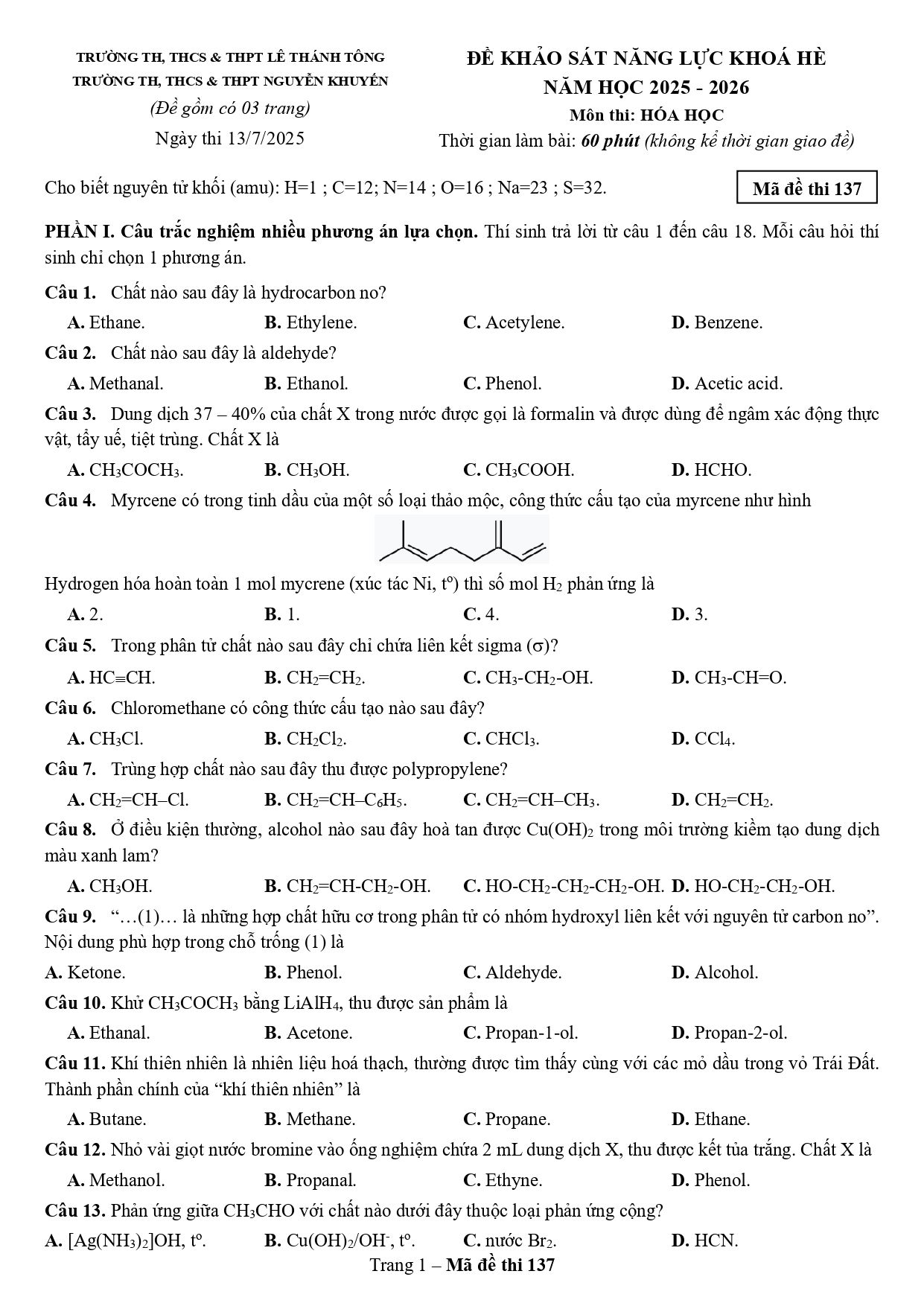 Đề thi thử Tốt nghiệp THPT Hóa học 2025 - 2026 trường TH, THCS&THPT Nguyễn Khuyến (Hồ Chí Minh)