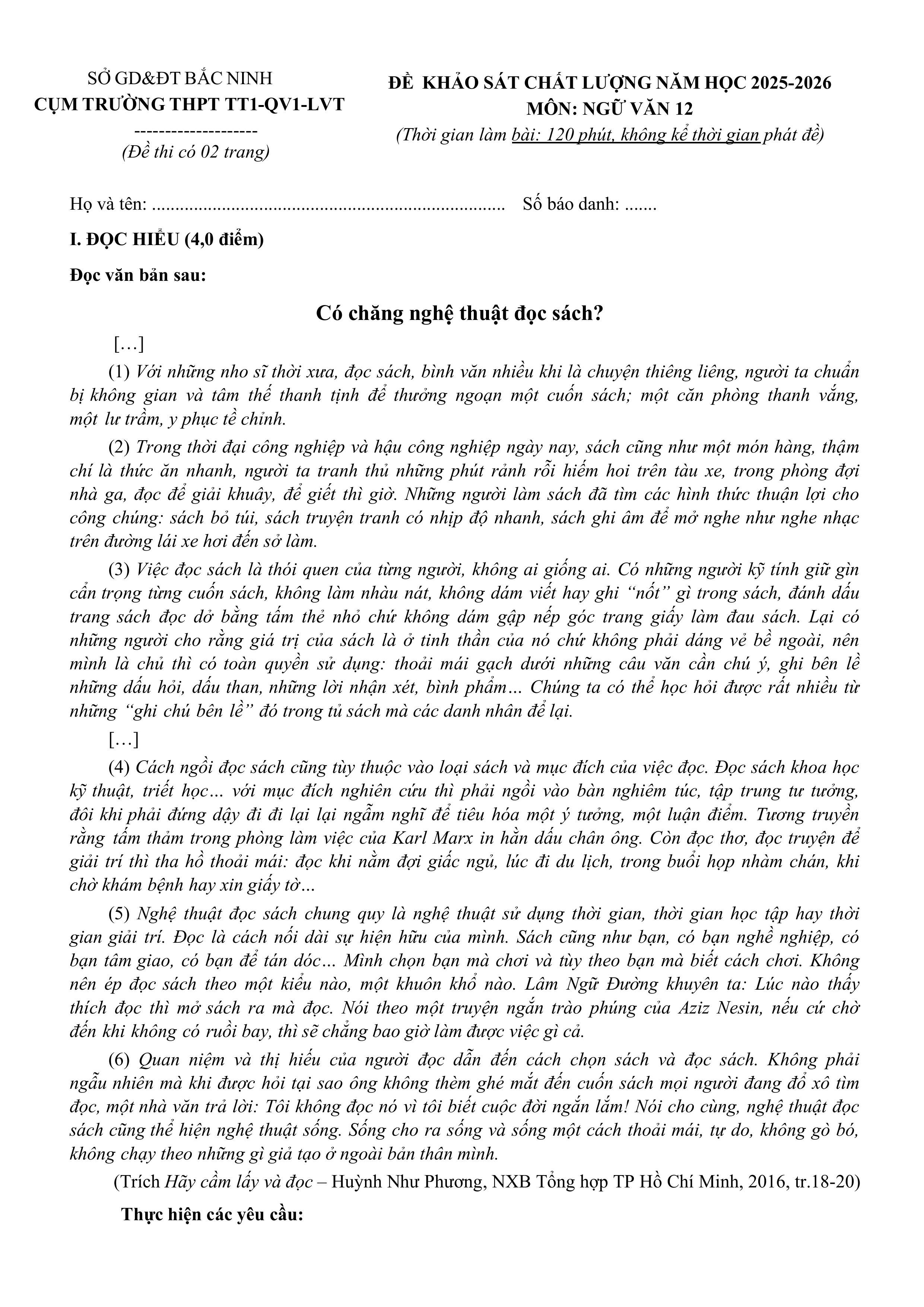 Đề thi thử Tốt nghiệp THPT Ngữ Văn 2025-2026 Cụm trường THPT QV1-TT1-LVT (Bắc Ninh)