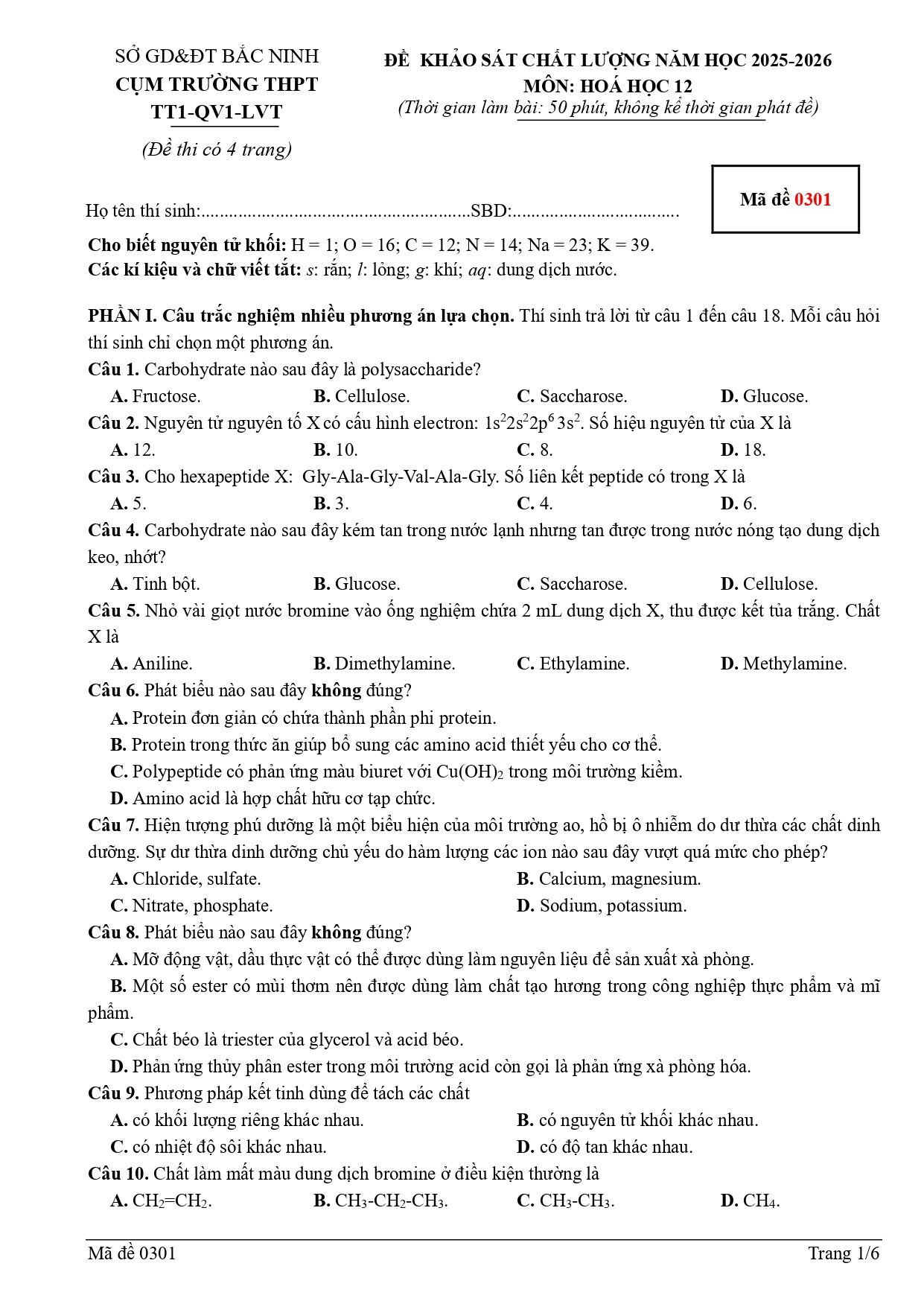 Đề thi thử Tốt nghiệp THPT Hóa học 2025 - 2026 cụm trường TT1-QV1-LVT (Bắc Ninh)