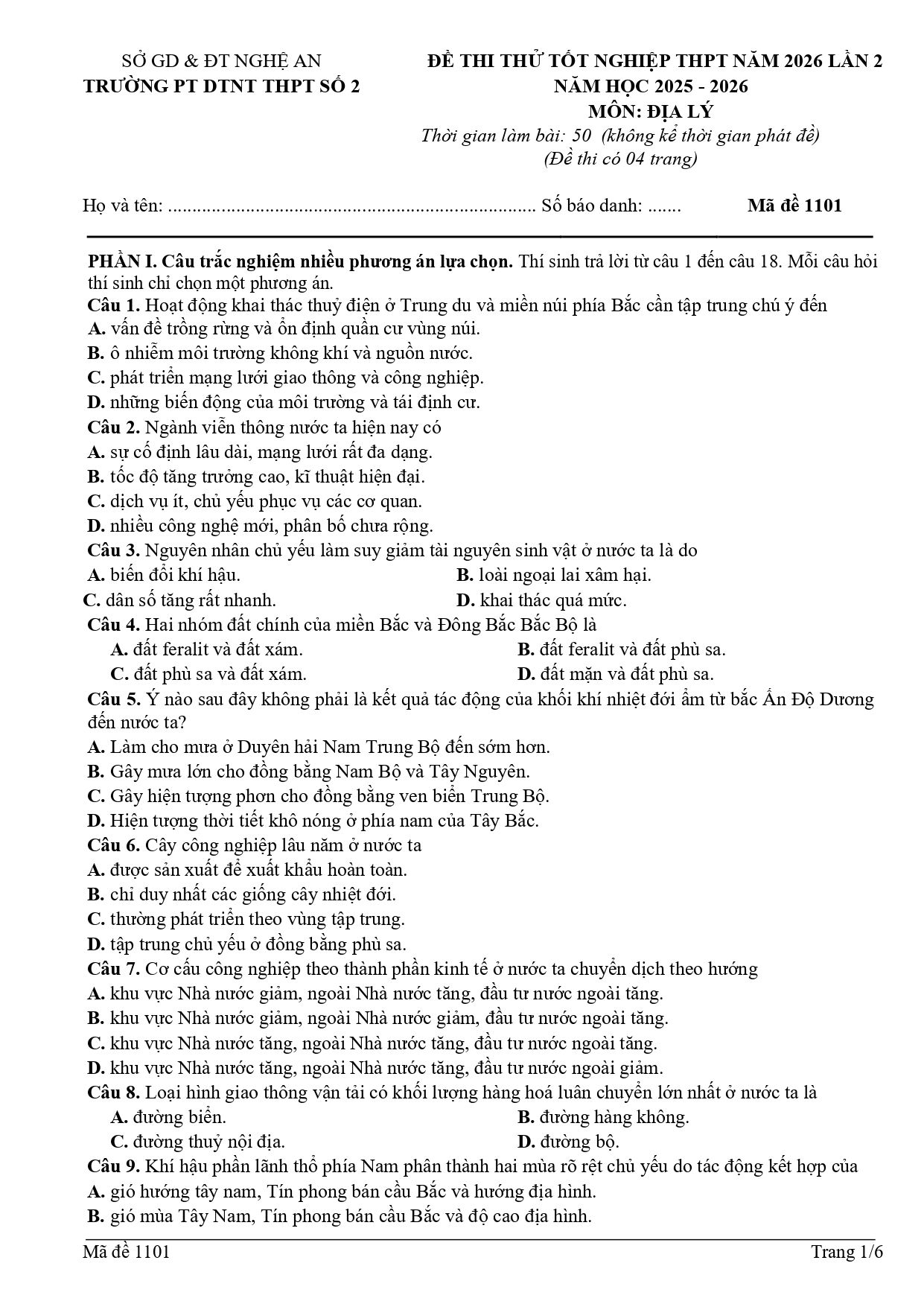 Đề thi thử Tốt nghiệp THPT Địa lí 2025-2026 trường THPT DTNT (Nghệ An)