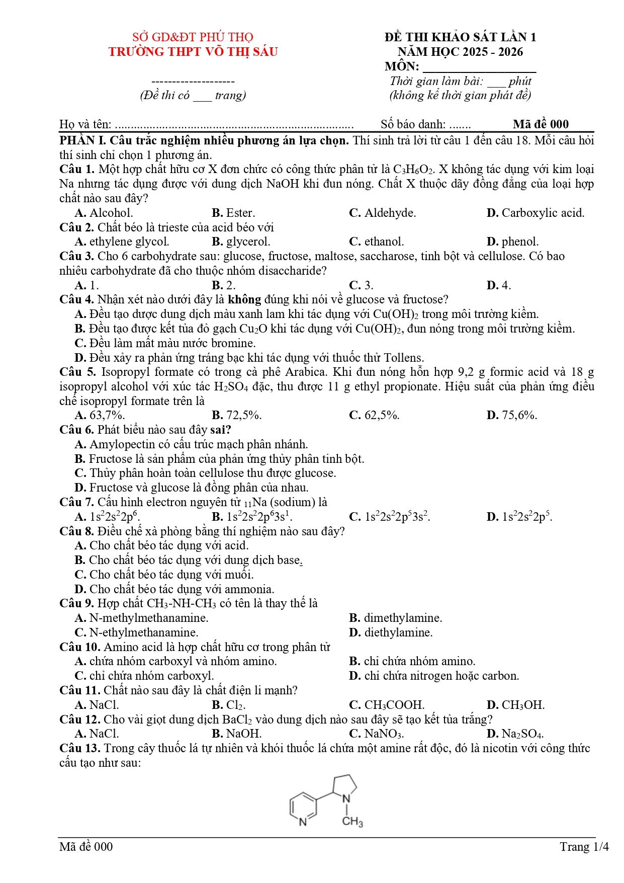 Đề thi thử Tốt nghiệp THPT Hóa học 2025 - 2026 trường THPT Võ Thị Sáu (Phú Thọ)