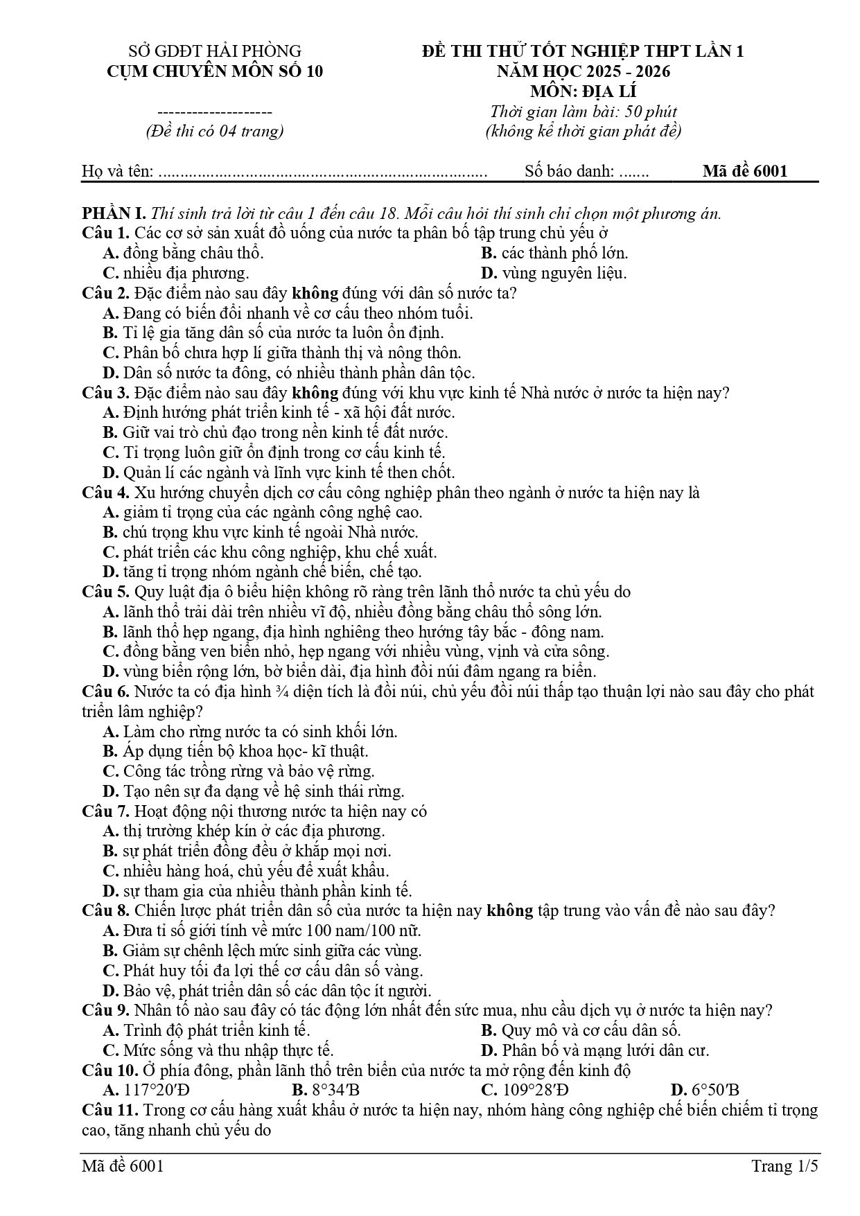 Đề thi thử Tốt nghiệp THPT Địa lí 2025-2026 Cụm CM Số 10 (Hải Phòng)