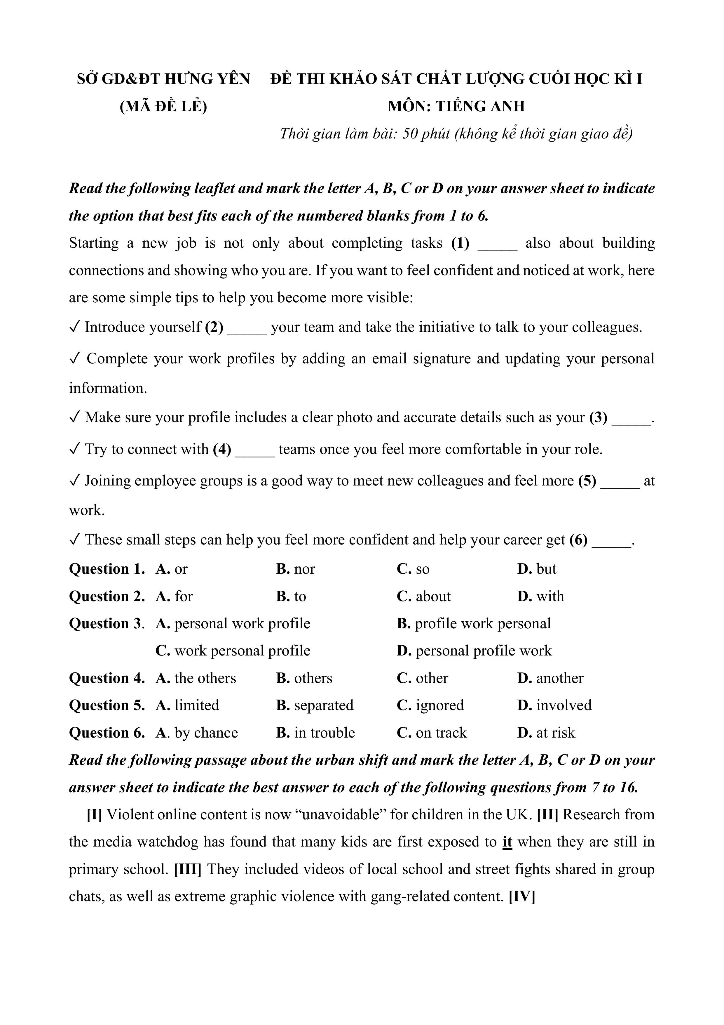 Đề thi thử Tốt nghiệp THPT Tiếng Anh 2025-2026 Sở GD&ĐT Hưng Yên mã đề lẻ