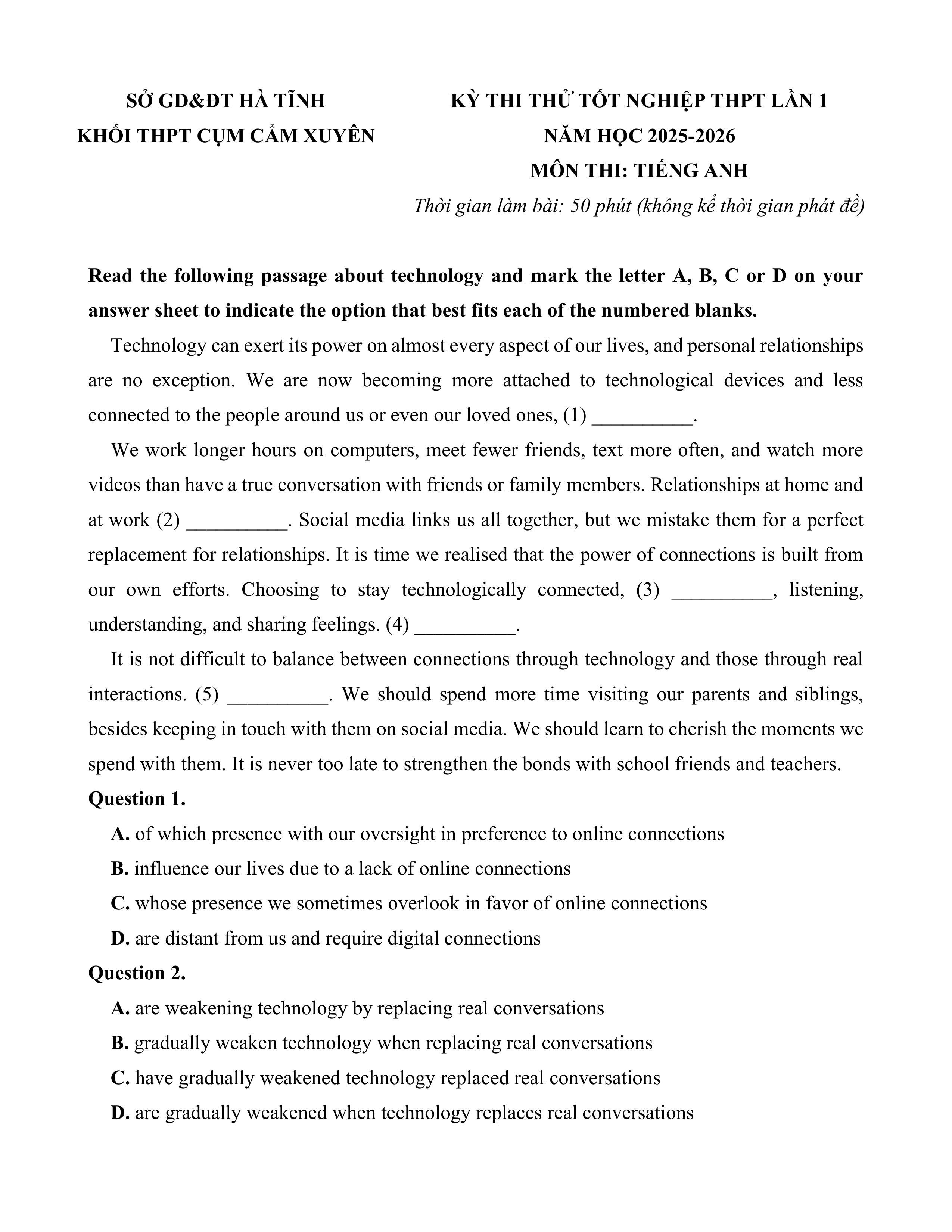 Đề thi thử Tốt nghiệp THPT Tiếng Anh 2025-2026 cụm trường Cẩm Xuyên (Hà Tĩnh)