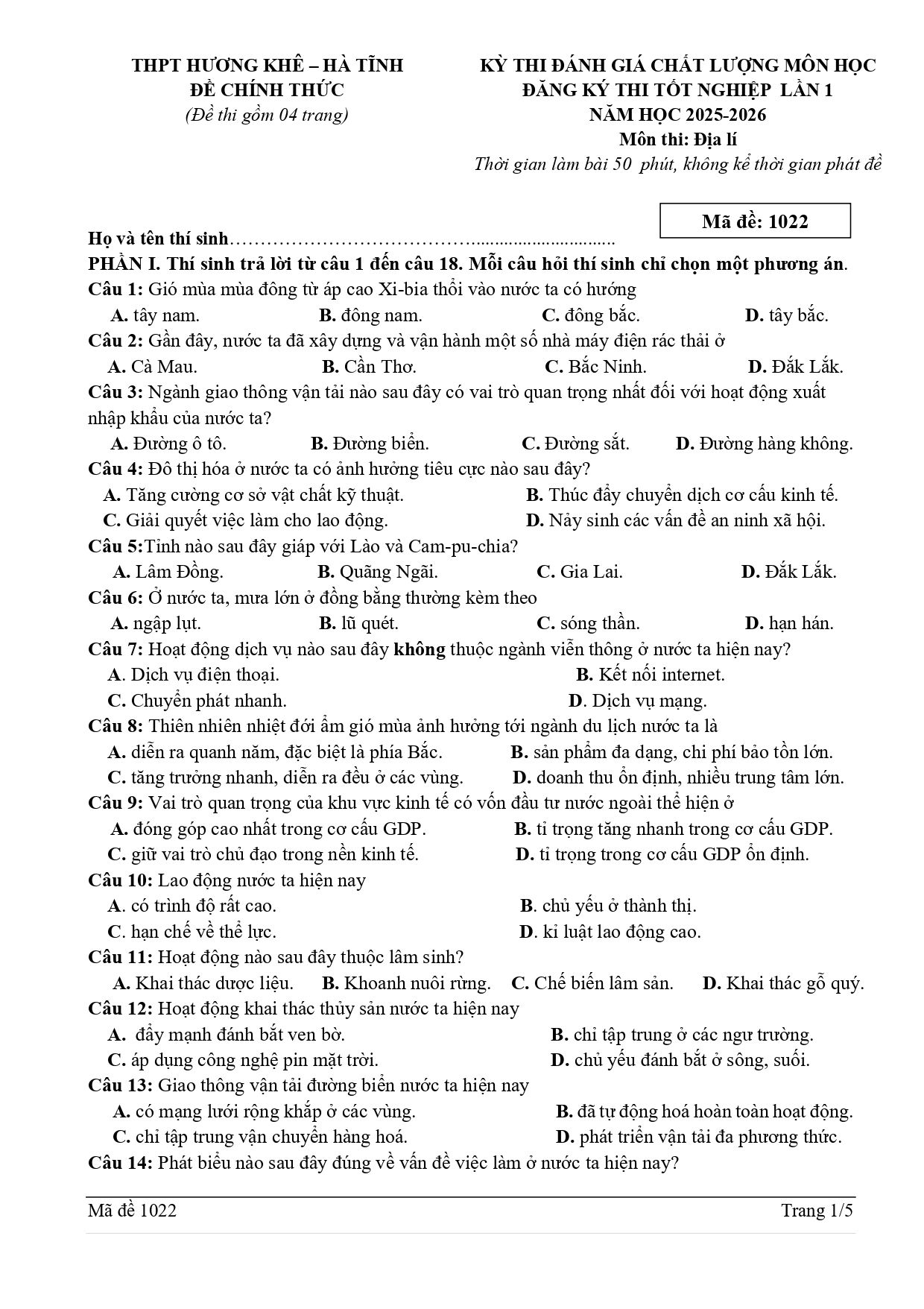 Đề thi thử Tốt nghiệp THPT Địa lí 2025-2026 trường THPT Hương Khê (Hà Tĩnh) mã đề 1022