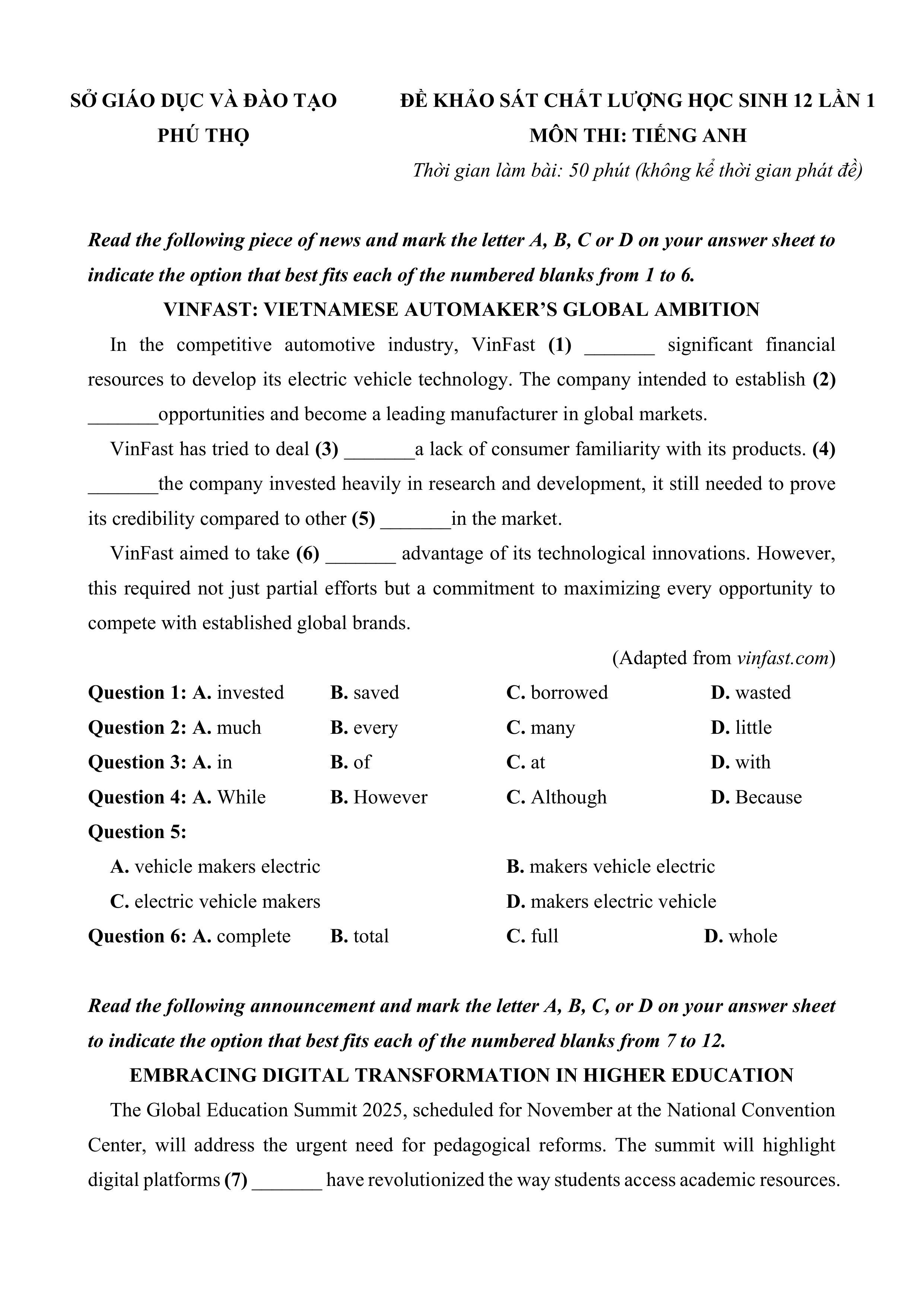 Đề thi thử Tốt nghiệp THPT Tiếng Anh 2025-2026 Sở GD&ĐT Phú Thọ