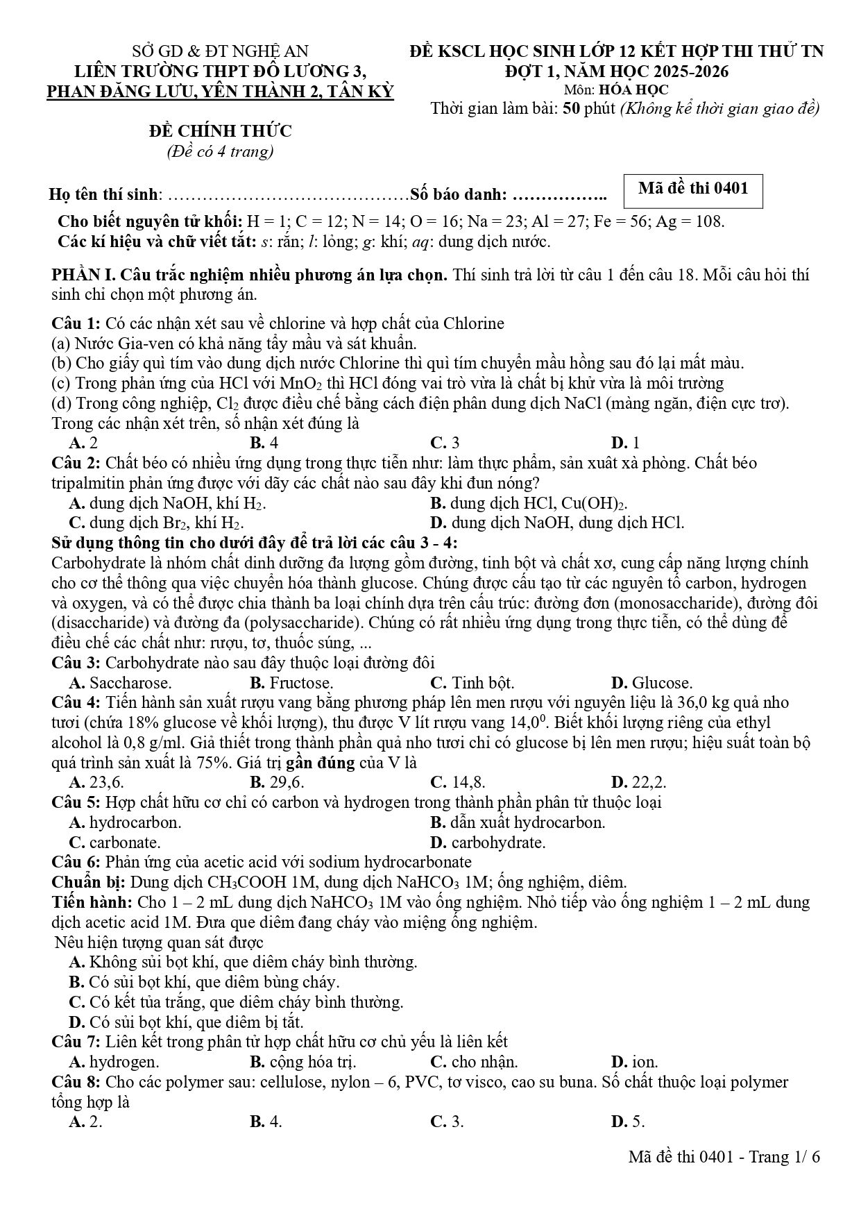 Đề thi thử Tốt nghiệp THPT Hóa học 2025 - 2026 Liên trường THPT Đô Lương 3, Phan Đăng Lưu, Yên Thành 2, Tân Kỳ (Nghệ An)