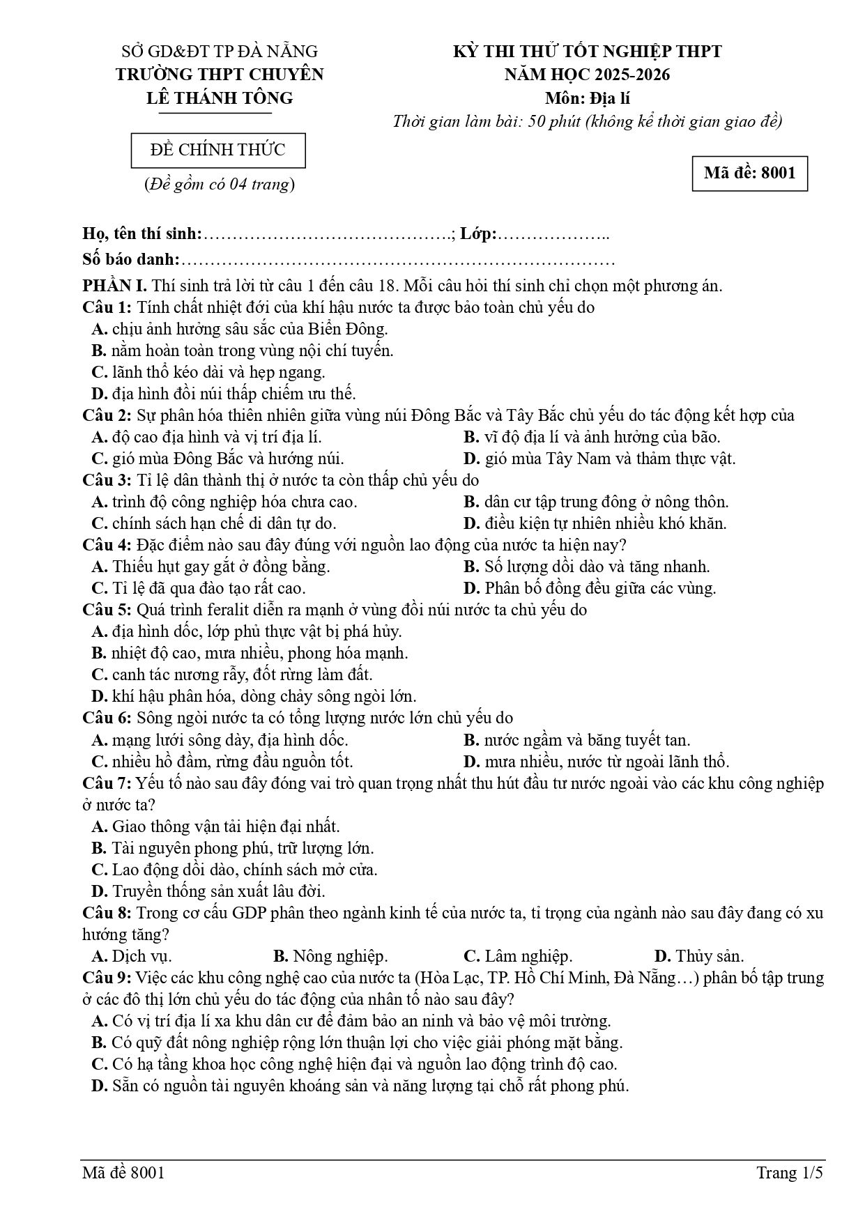 Đề thi thử Tốt nghiệp THPT Địa lí 2025-2026 trường THPT Chuyên Lê Thánh Tông (Đà Nẵng)