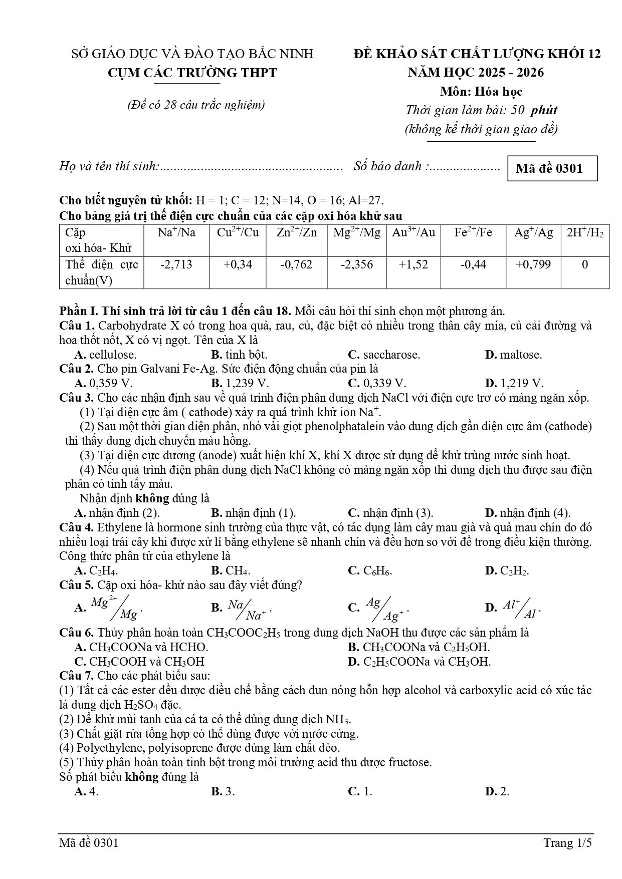 Đề thi thử Tốt nghiệp THPT Hóa học 2025 - 2026 cụm các trường THPT (Bắc Ninh)