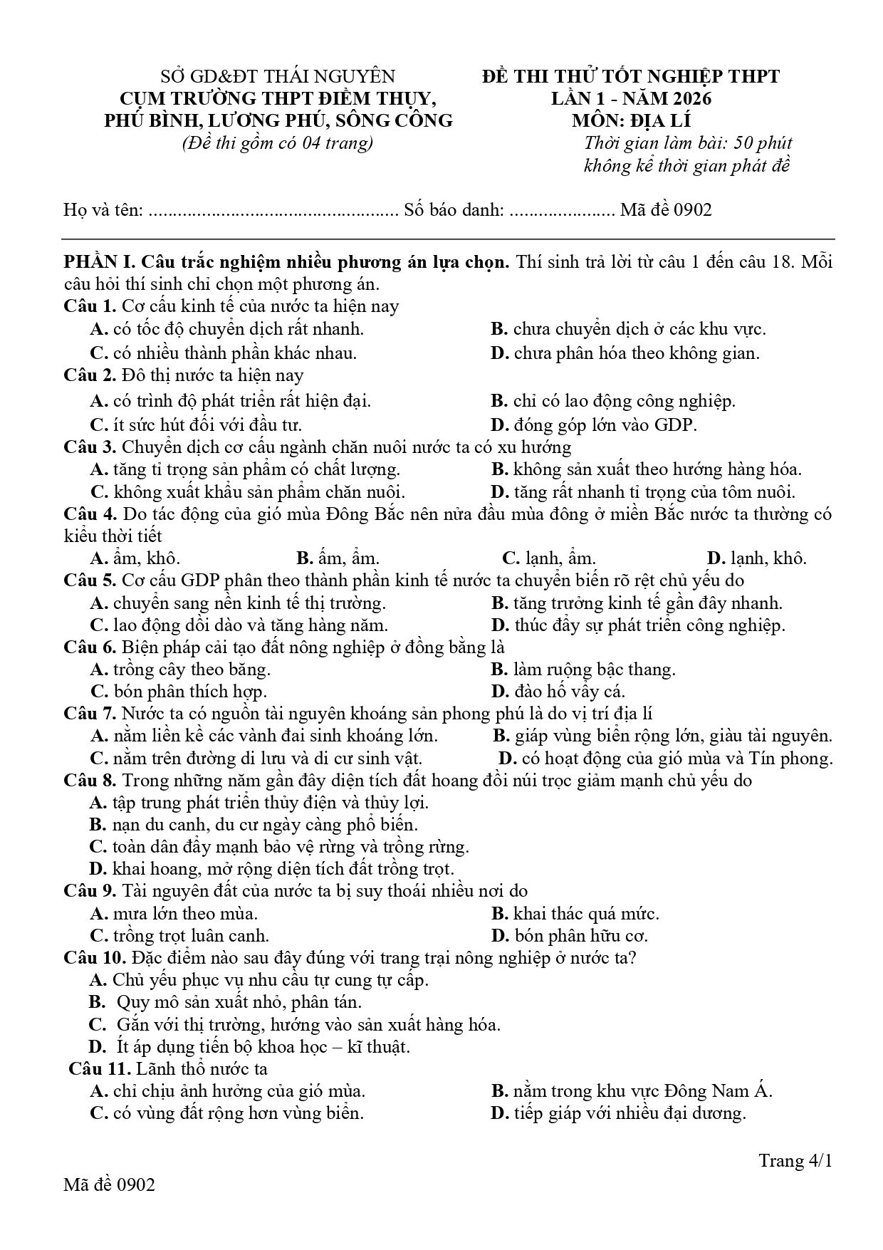 Đề thi thử Tốt nghiệp THPT Địa lí 2025-2026 Cụm trường THPT Điểm Thụy, Phú Bình, Lương Phú, Sông Công (Bắc Ninh)
