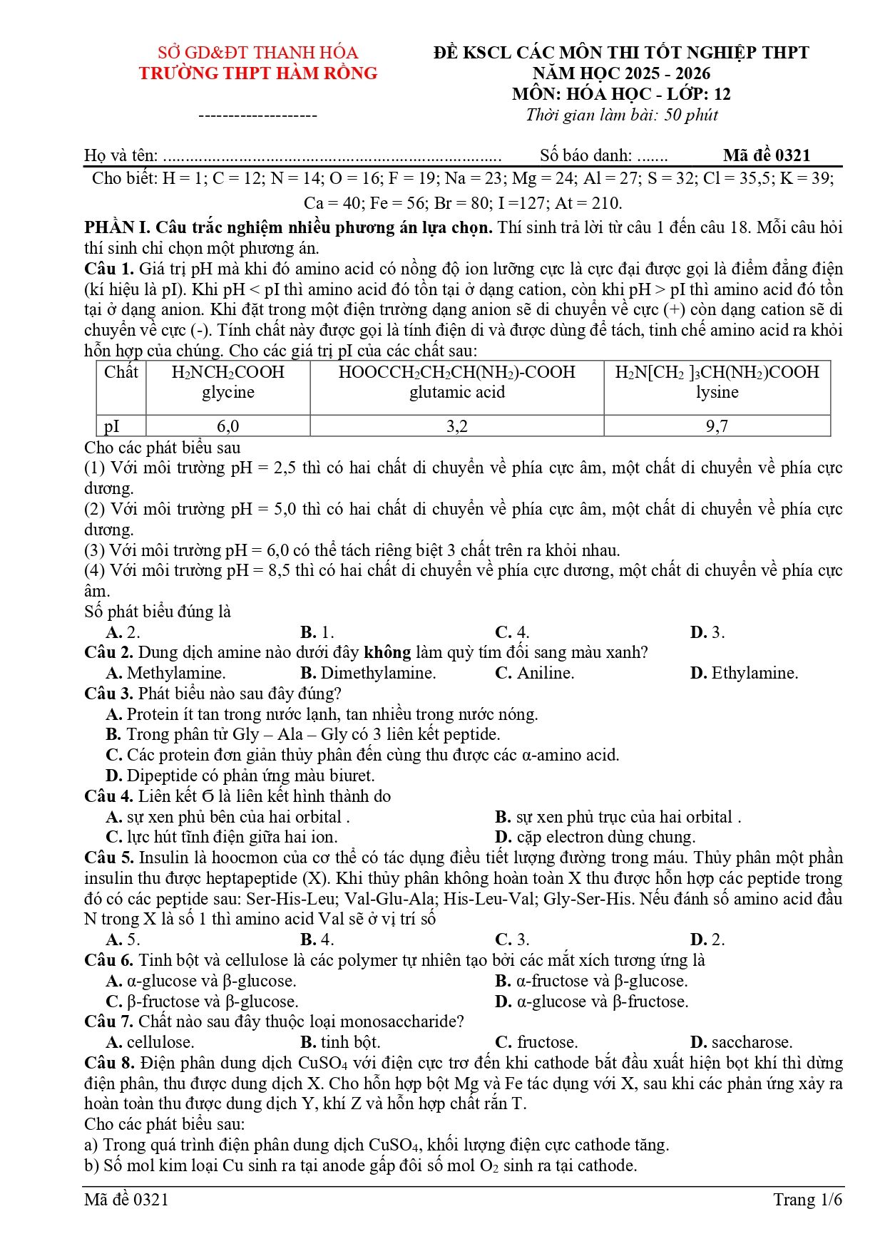 Đề thi thử Tốt nghiệp THPT Hóa học 2025 - 2026 trường THPT Hàm Rồng (Thanh Hóa)