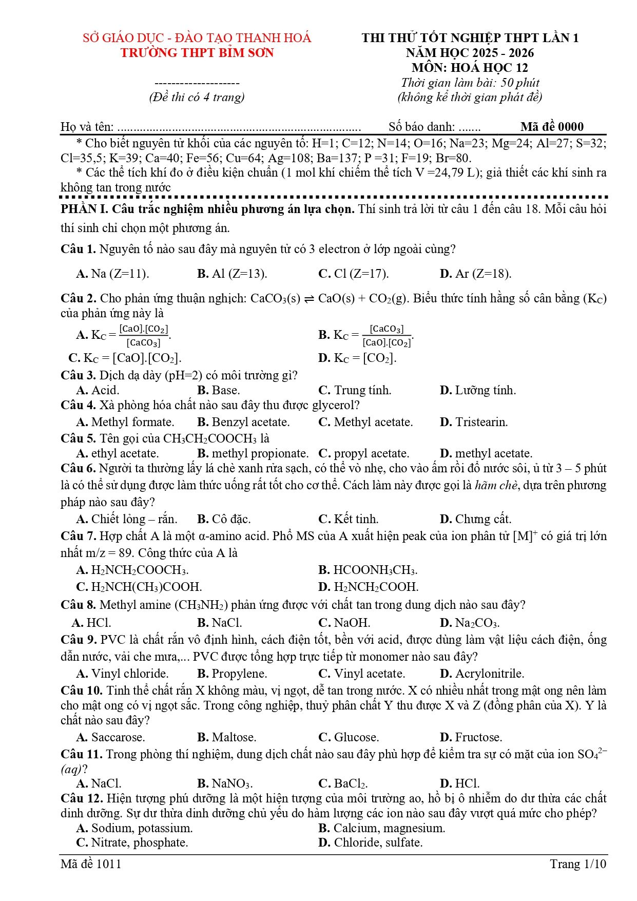 Đề thi thử Tốt nghiệp THPT Hóa học 2025 - 2026 trường THPT Bỉm Sơn (Thanh Hóa)
