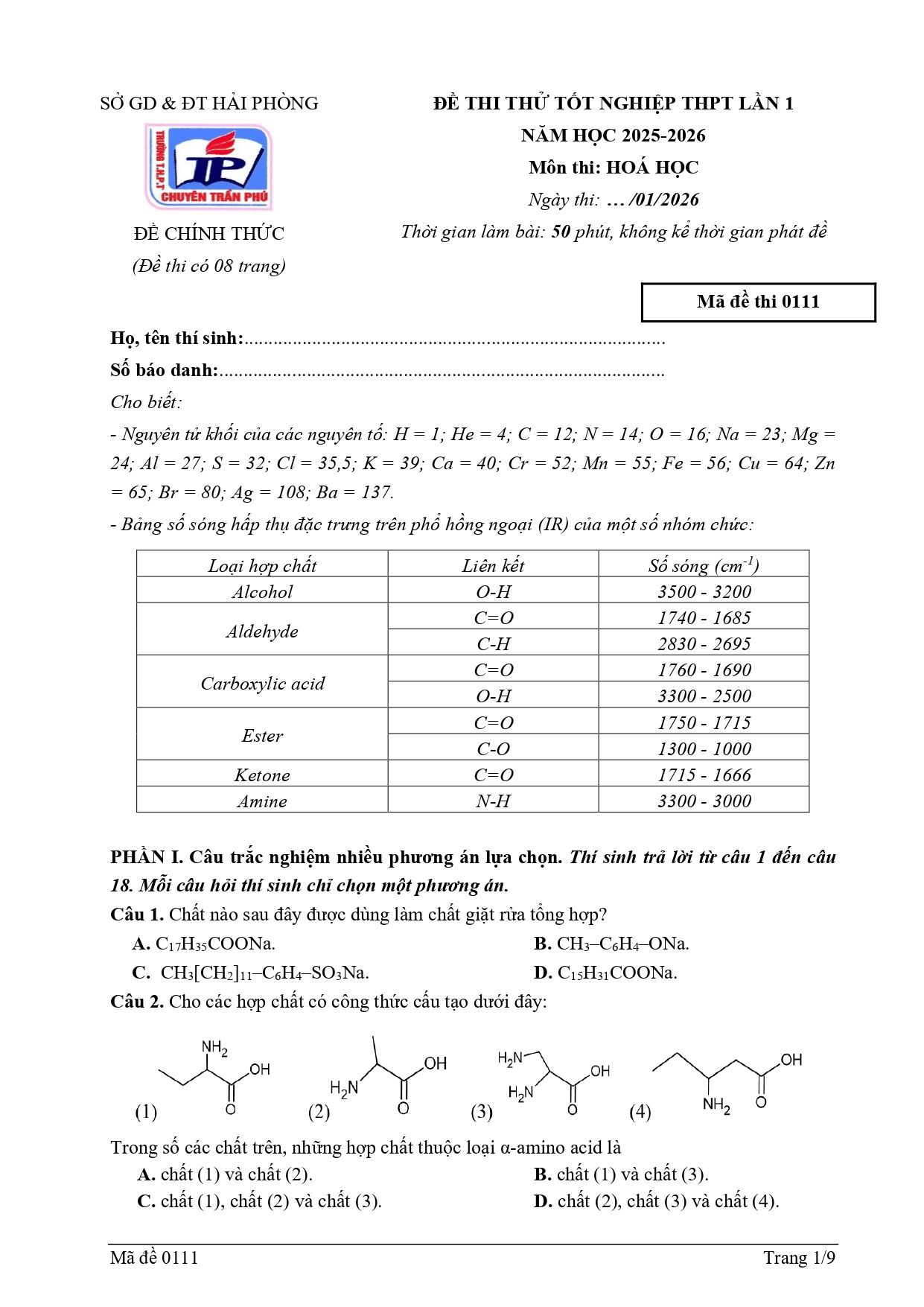 Đề thi thử Tốt nghiệp THPT Hóa học 2025 - 2026 trường THPT Chuyên Trần Phú (Hải Phòng)