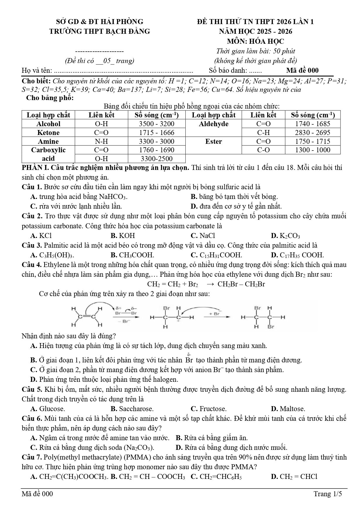 Đề thi thử Tốt nghiệp THPT Hóa học 2025 - 2026 trường THPT Bạch Đằng (Hải Phòng)