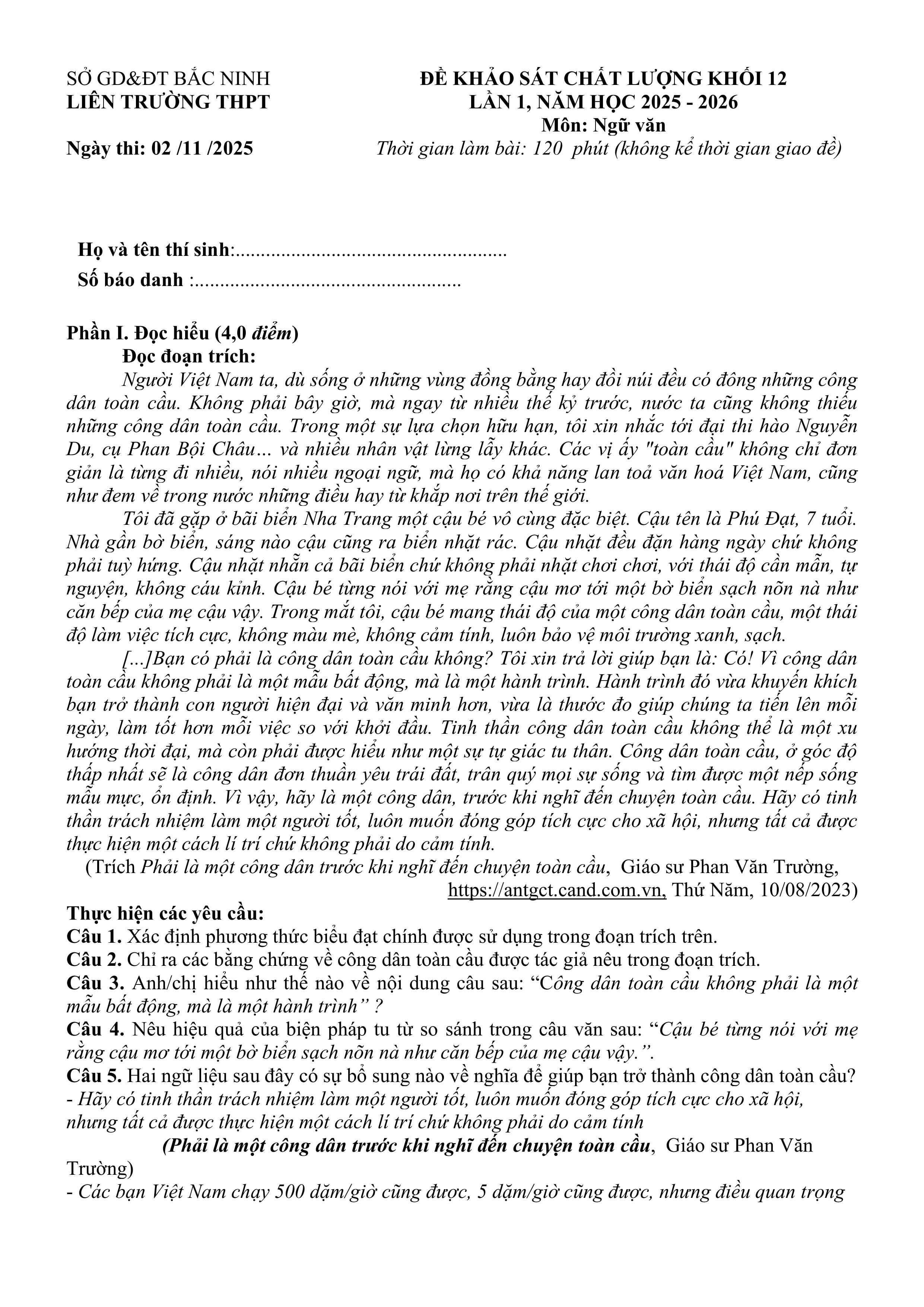 Đề thi thử Tốt nghiệp THPT Ngữ Văn 2025-2026 Liên trường THPT Bắc Ninh