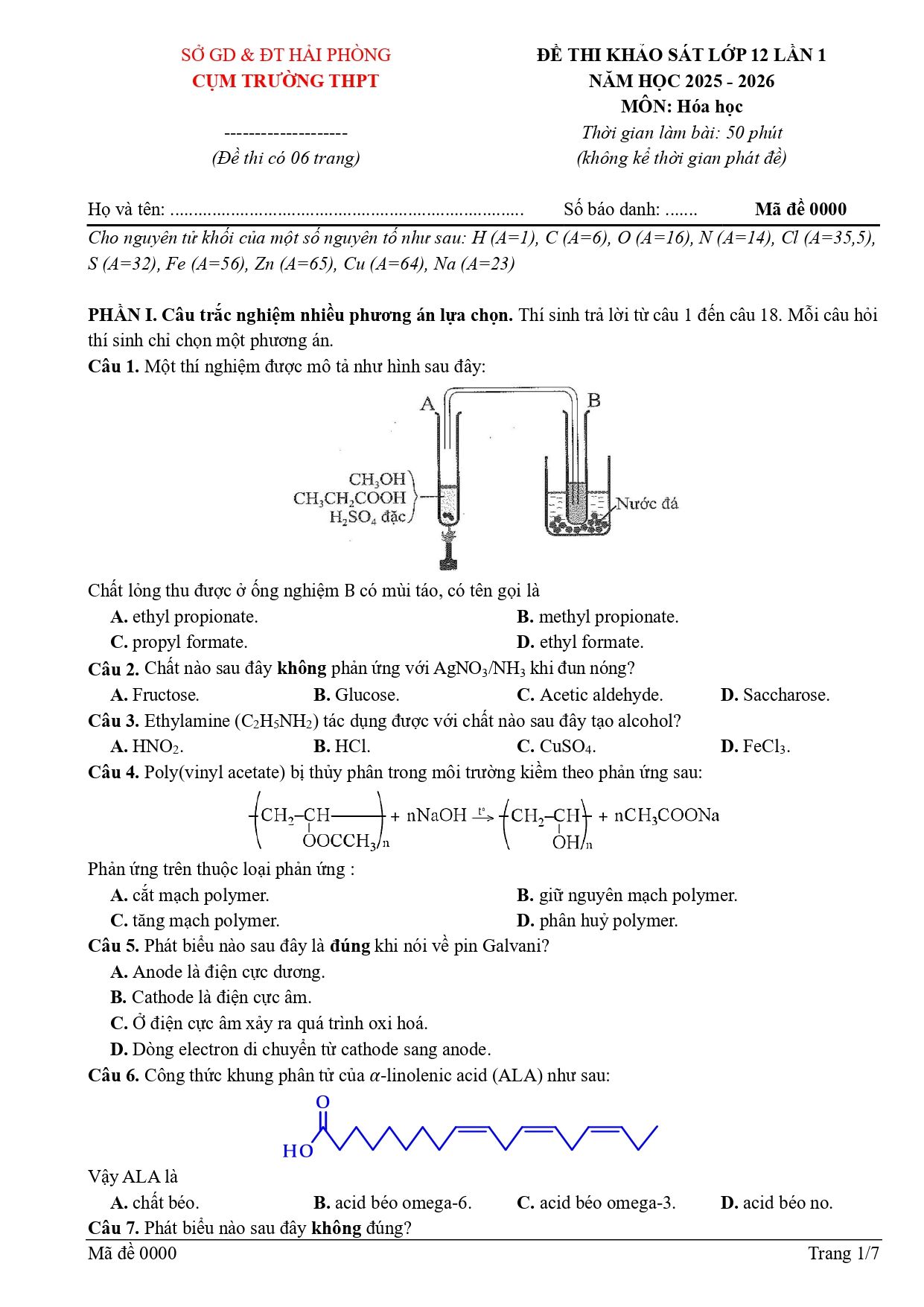 Đề thi thử Tốt nghiệp THPT Hóa học 2025 - 2026 cụm trường THPT (Hải Phòng)