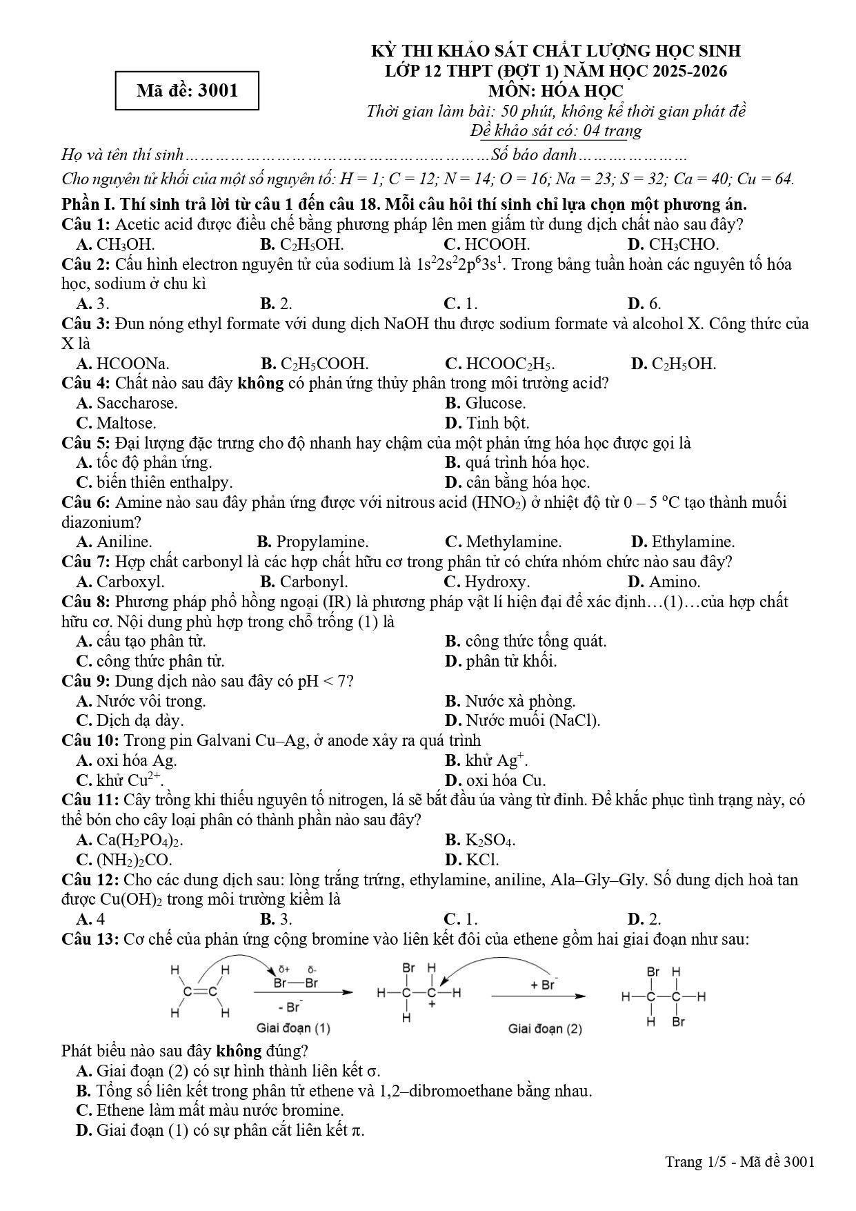 Đề thi thử Tốt nghiệp THPT Hóa học 2025 - 2026 Sở Phú Thọ