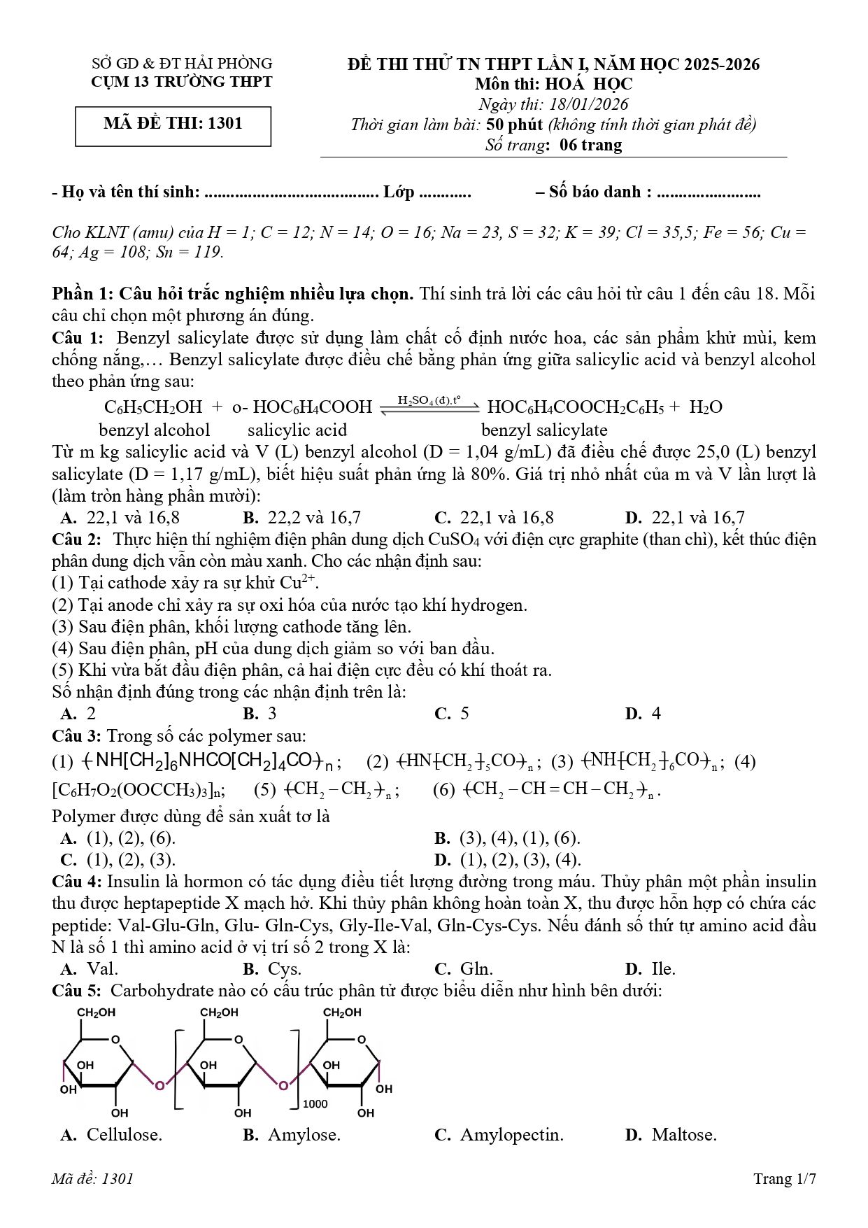 Đề thi thử Tốt nghiệp THPT Hóa học 2025 - 2026 Cụm 13 trường THPT (Hải Phòng)