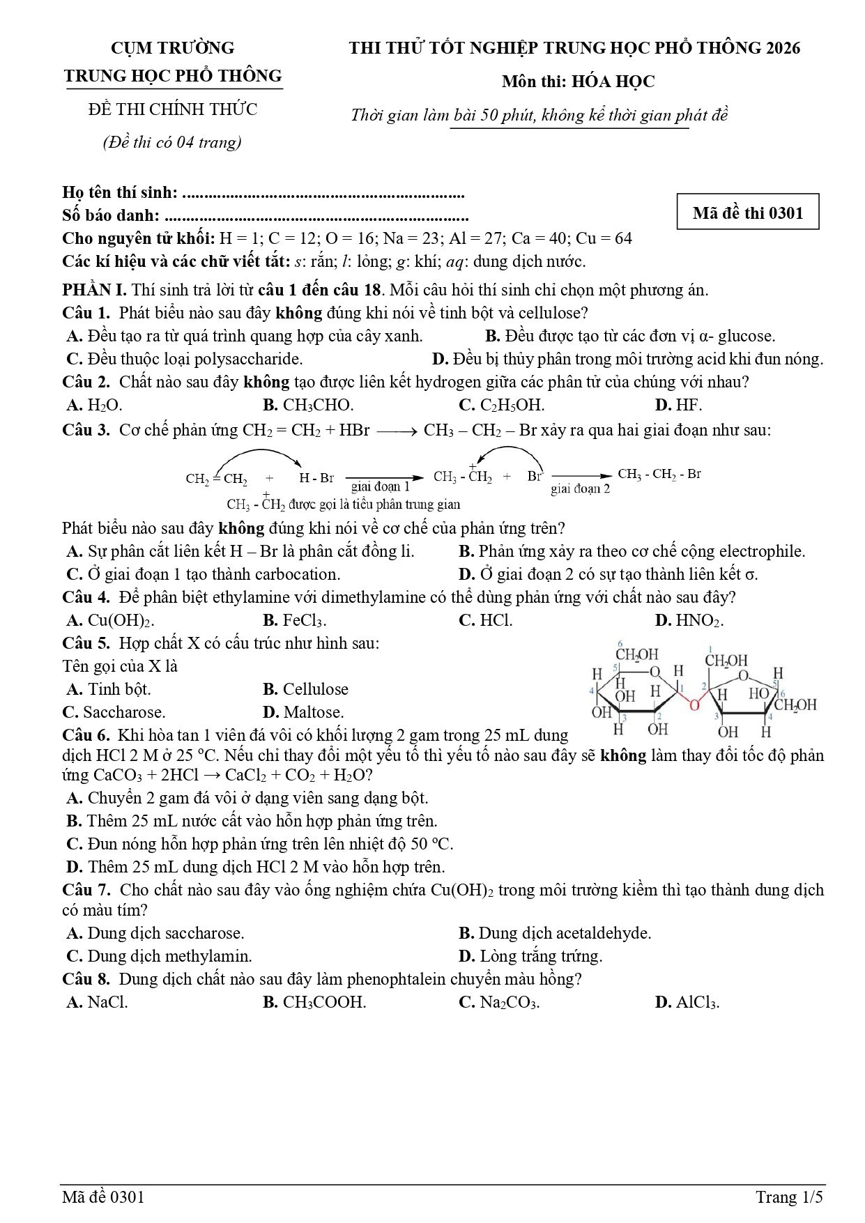 Đề thi thử Tốt nghiệp THPT Hóa học 2025 - 2026 trường THPT Chuyên Phan Bội Châu (Nghệ An)