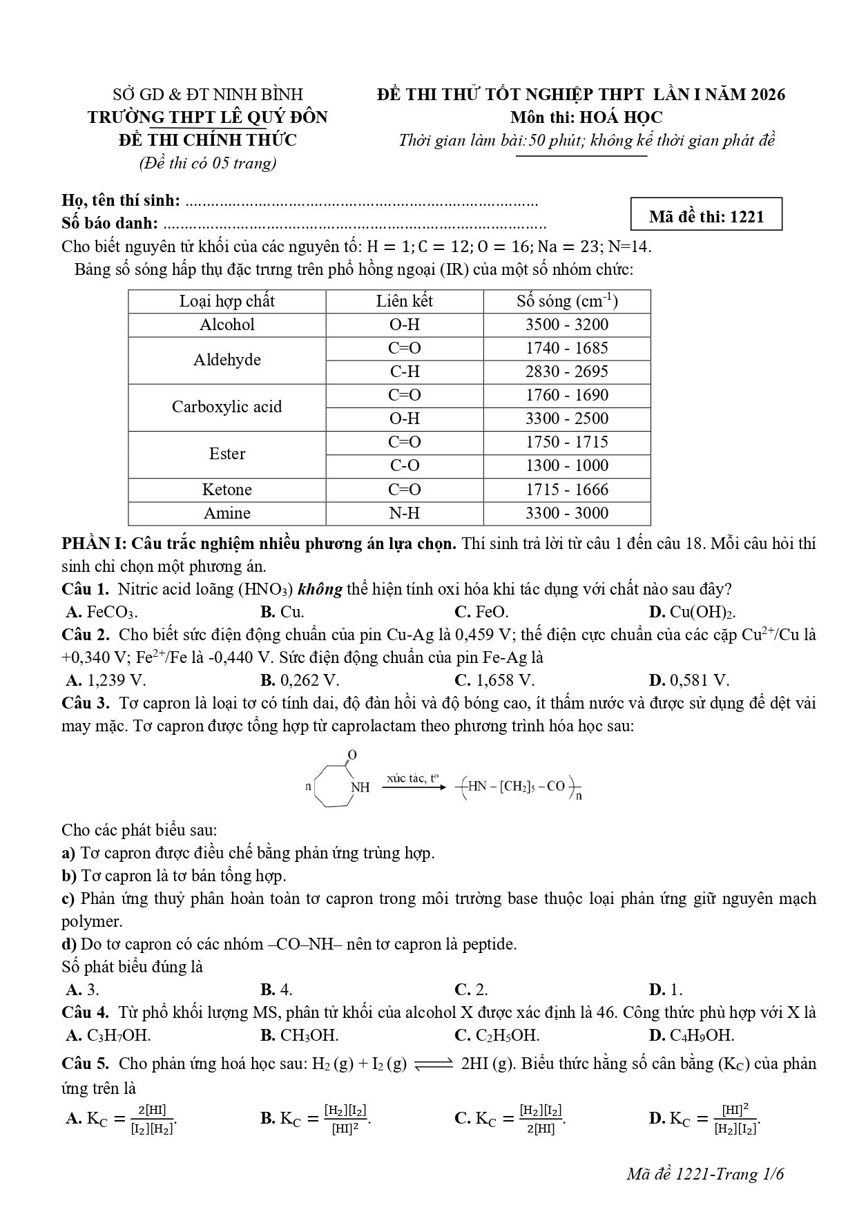 Đề thi thử Tốt nghiệp THPT Hóa học 2025 - 2026 trường THPT Lê Quý Đôn (Ninh Bình)